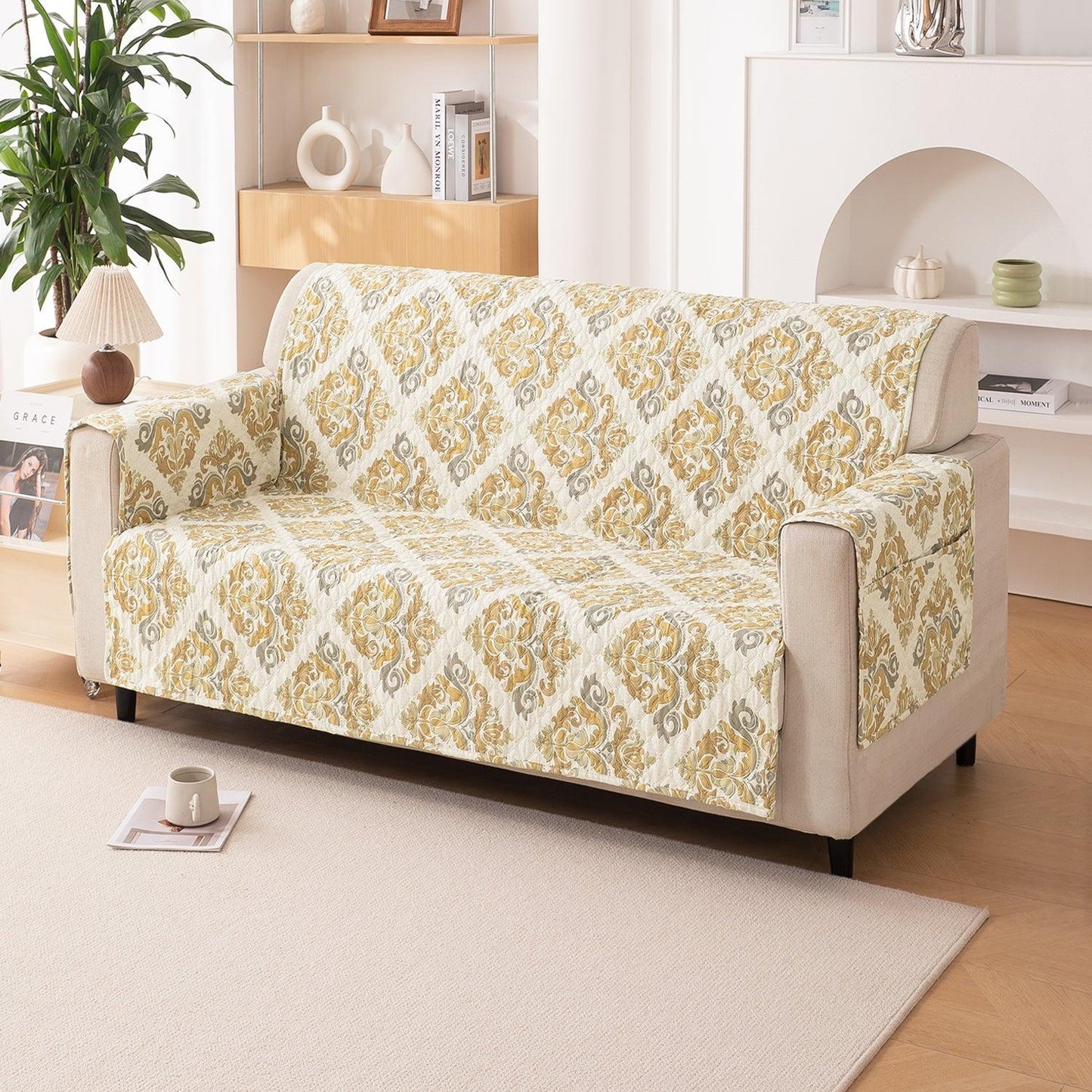 3 Seater Damask Beige Printed quilted sofa cover