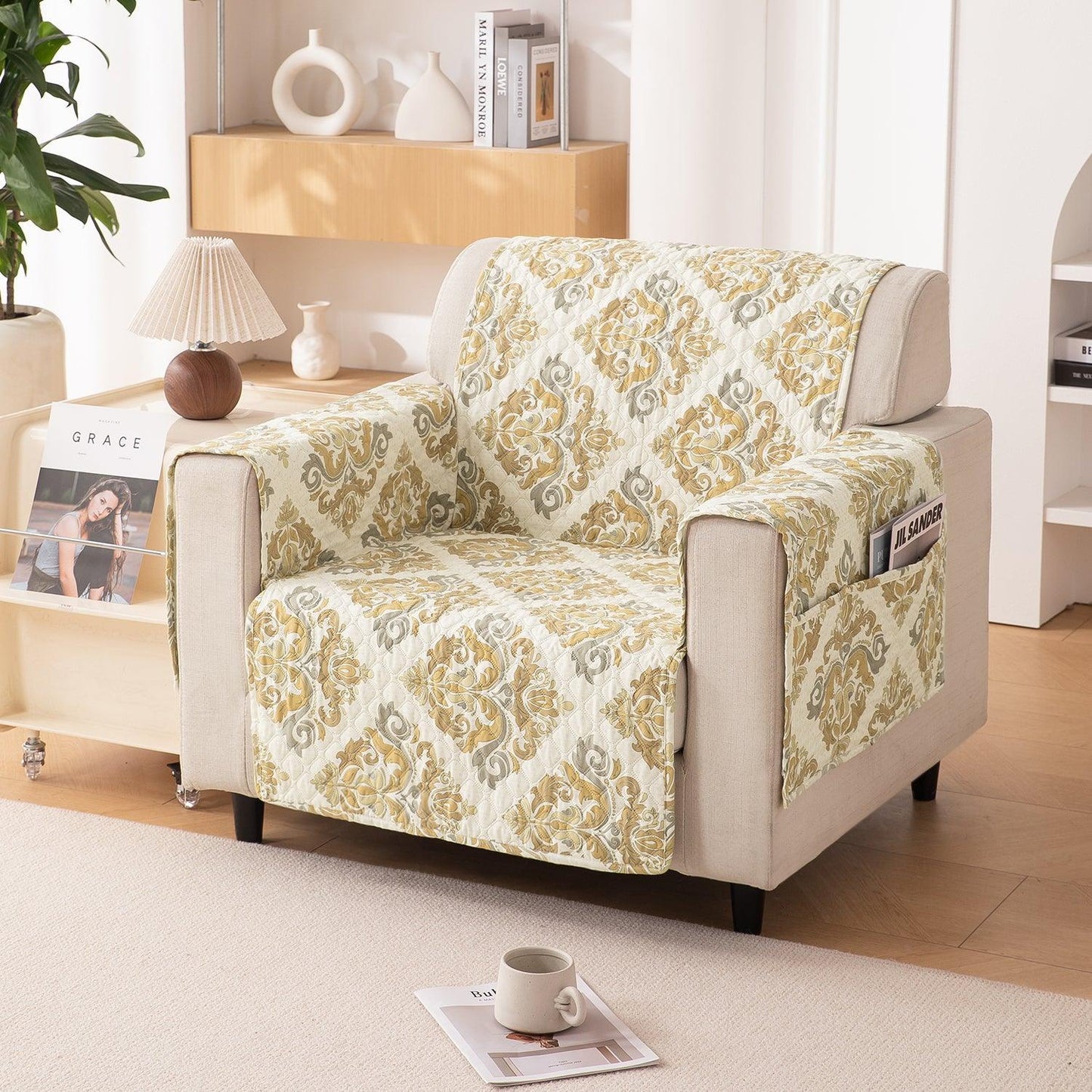 Damask Beige Printed elegant 1 seater quilted sofa cover