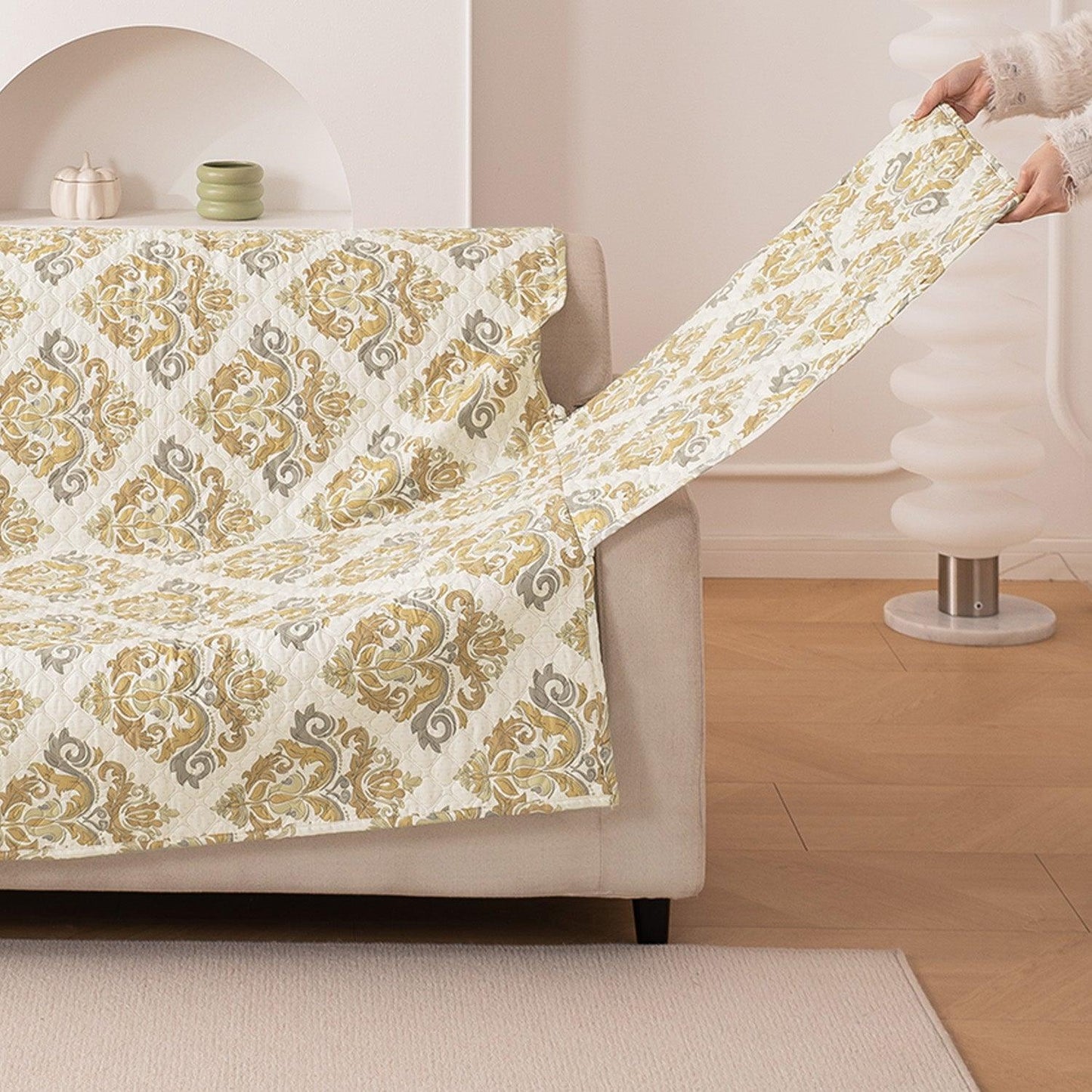 Quilted Printed Polyester Sofa Cover Mat for 1/2/3 Seater Sofa with Side Pockets, Pet Friendly, Damask Beige - HOKIPO | Har Ghar ka Humsafar