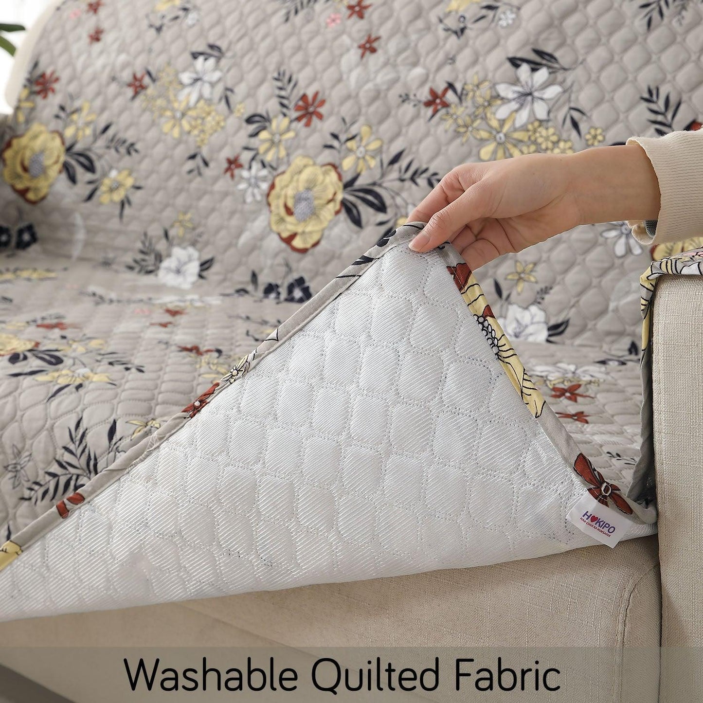 Floral Ash Grey Printed quilted non slip sofa cover