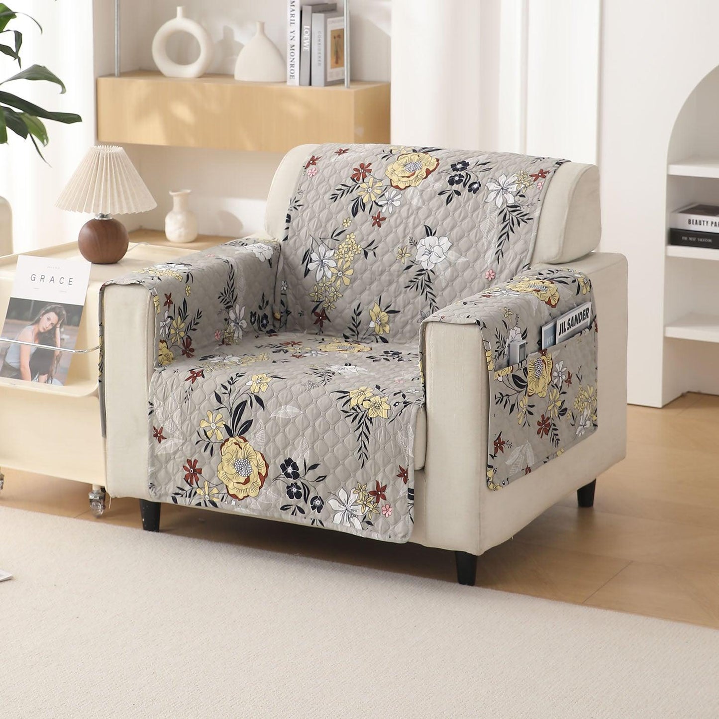 Floral Ash Grey Printed elegant 1 seater sofa cover