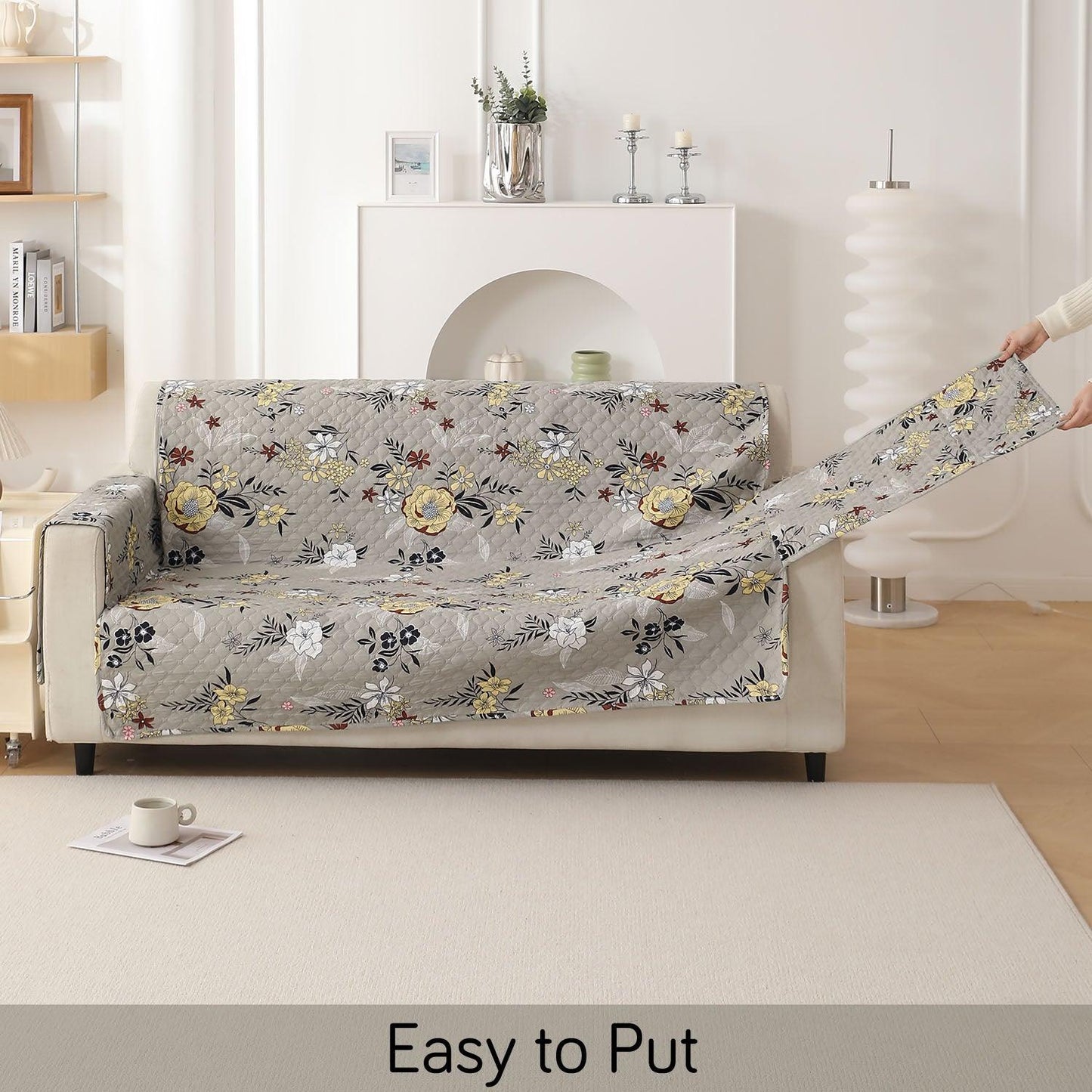 Floral Ash Grey Printed quilted three seater sofa cover