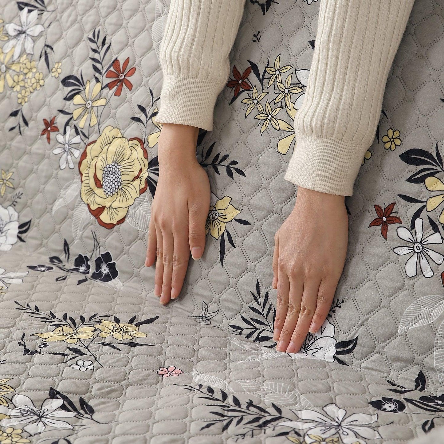 Floral Ash Grey Printed quilted non slip sofa cover