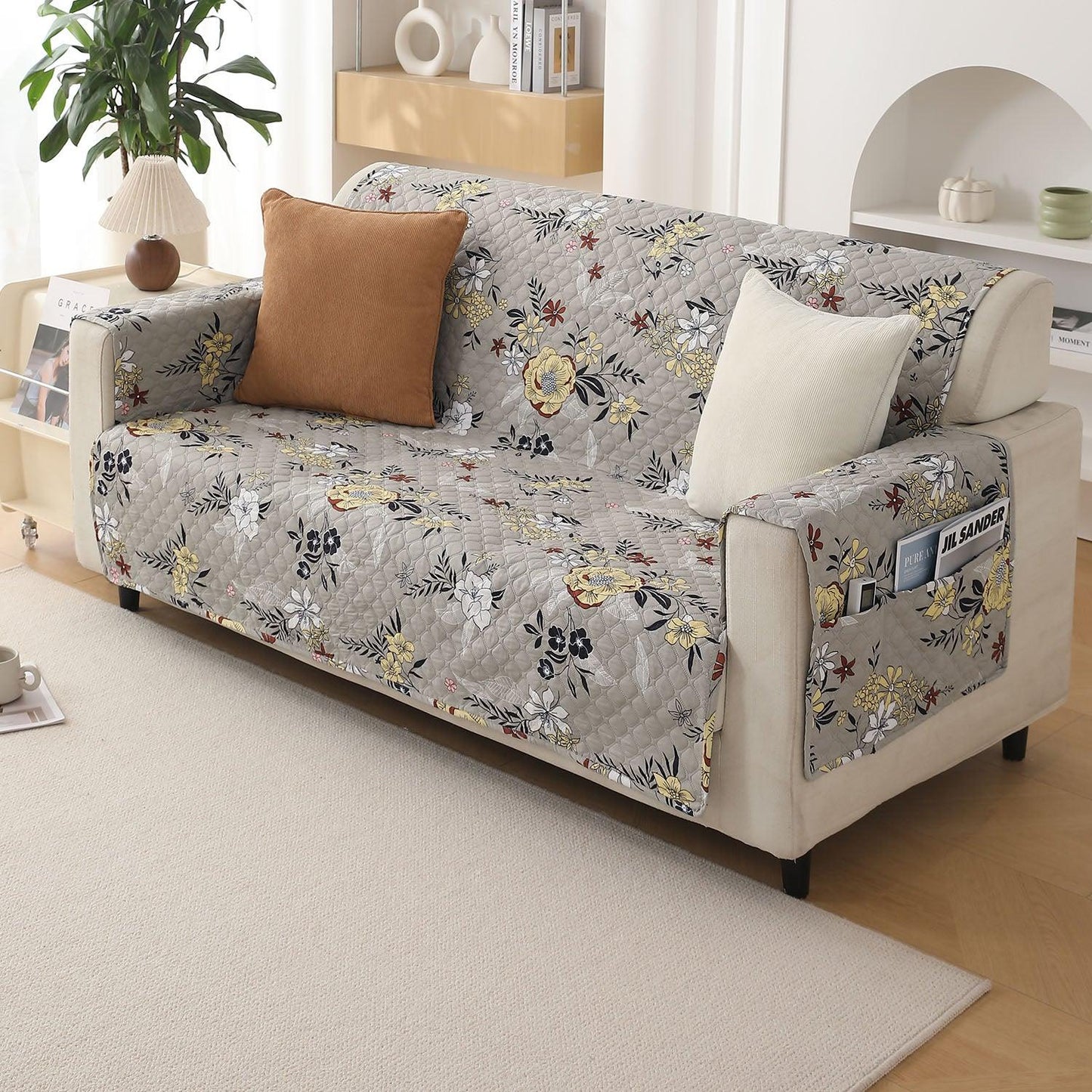 Floral Ash Grey Printed quilted 2 seater sofa cover