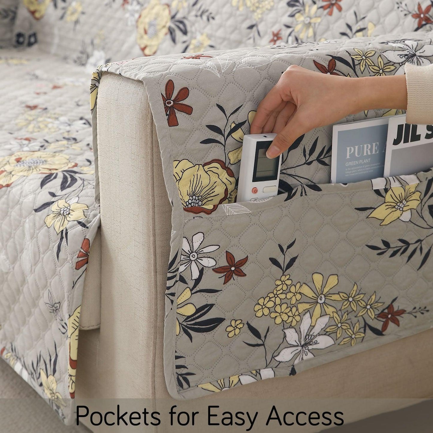 Floral Ash Grey Printed sofa cover set with handy side pocket