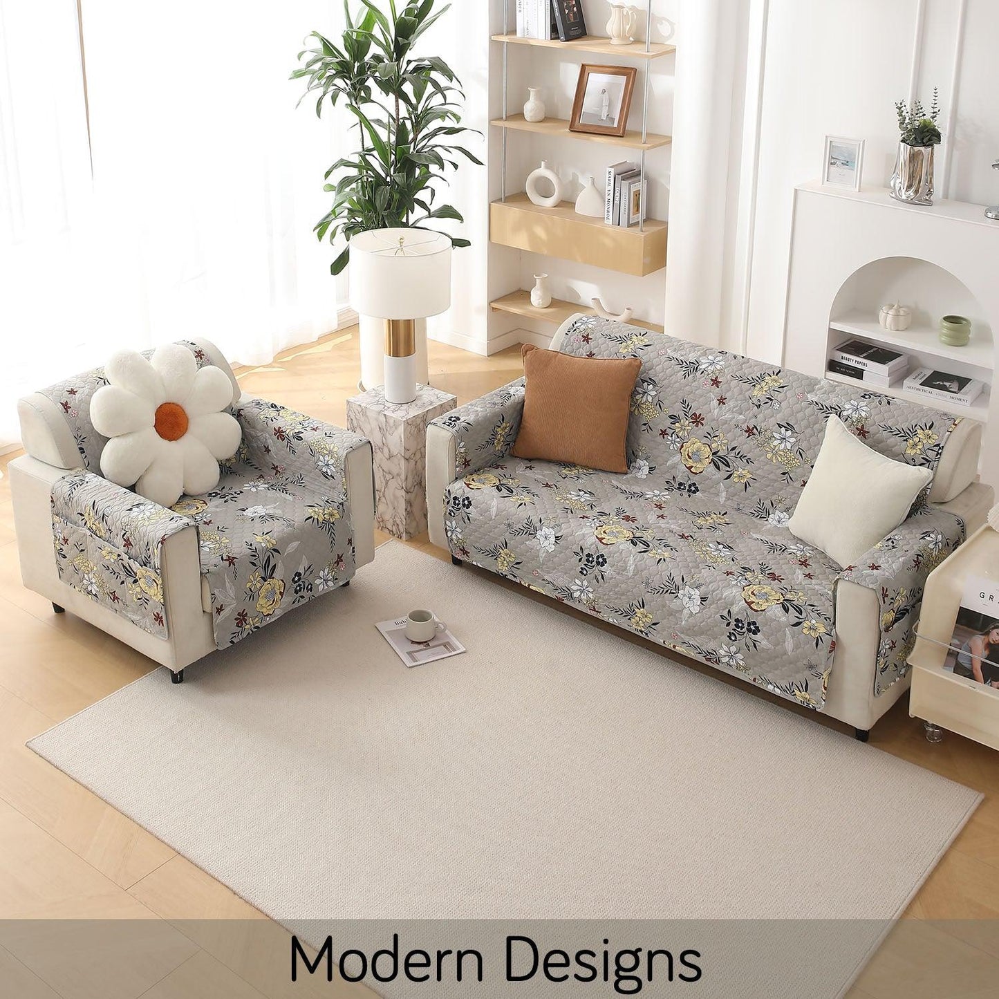 Floral Ash Grey Printed quilted elegant 3 seater sofa cover