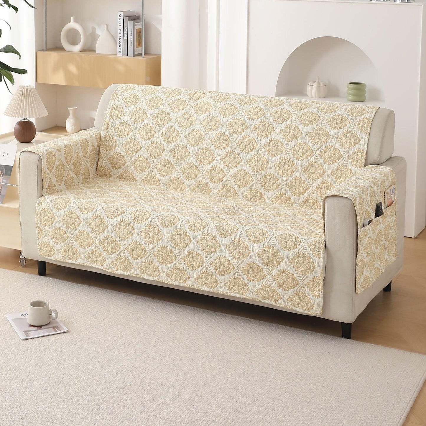 Ogee Ivory Printed quilted three seater sofa cover
