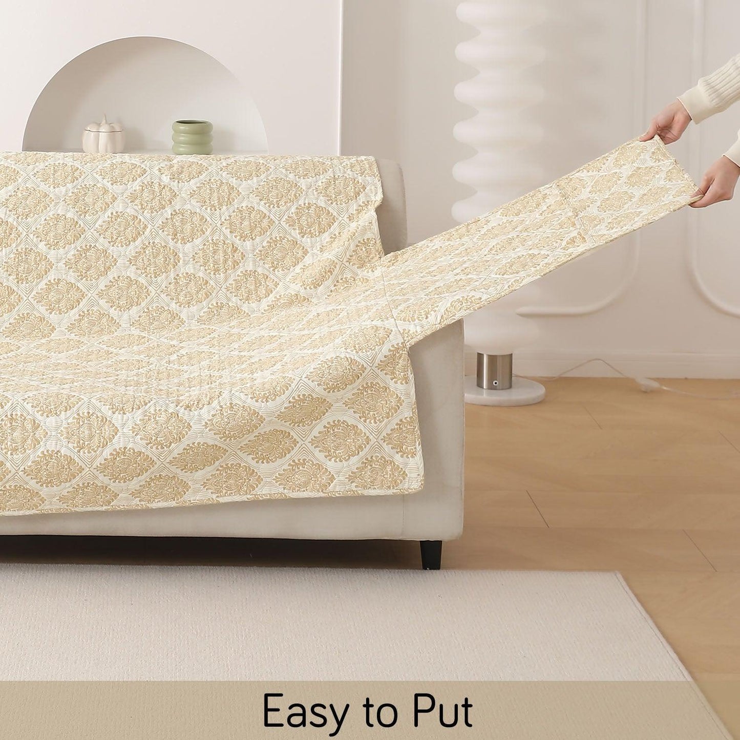 easy to put Ogee Ivory Printed quilted sofa cover