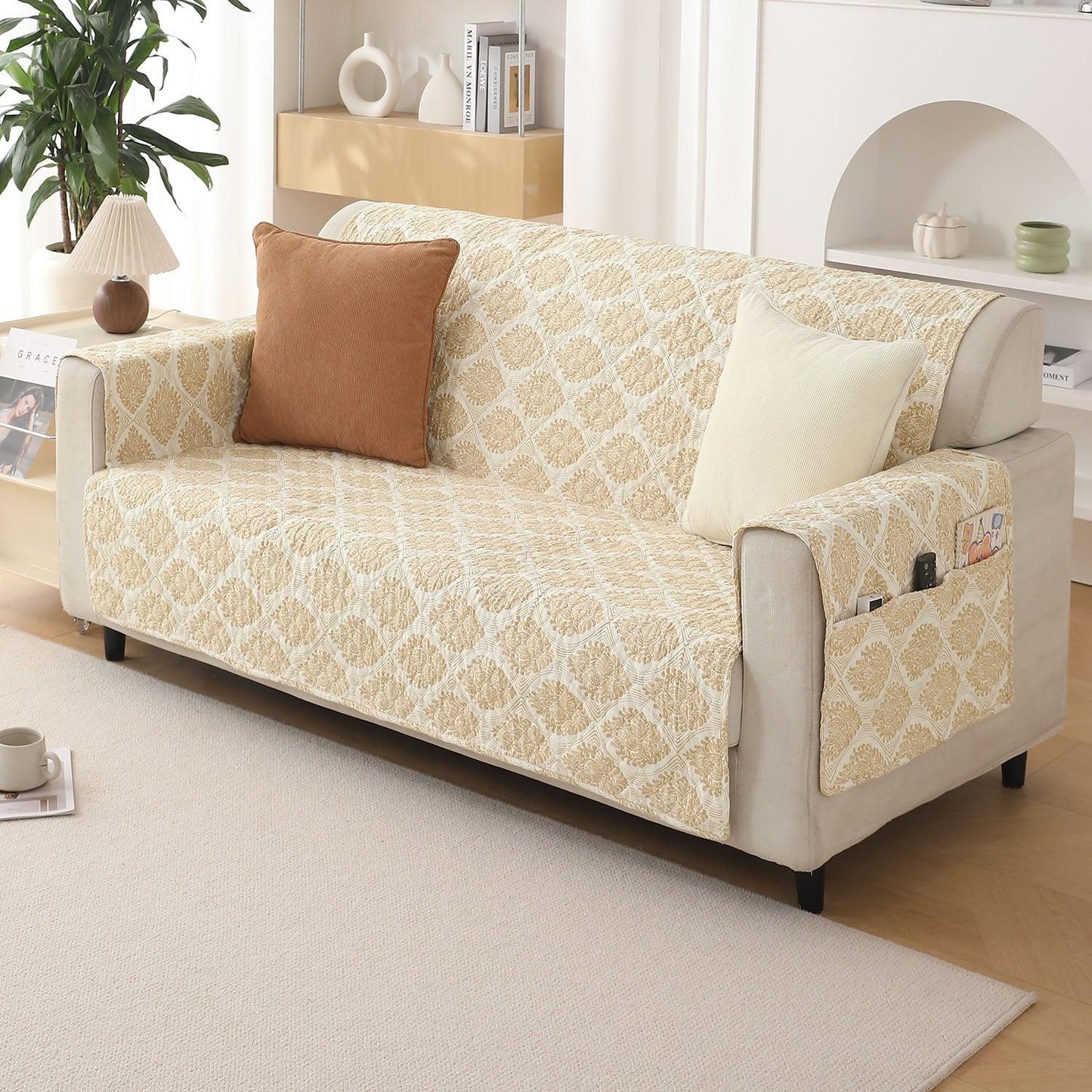 Ogee Ivory Printed quilted 2 seater sofa cover