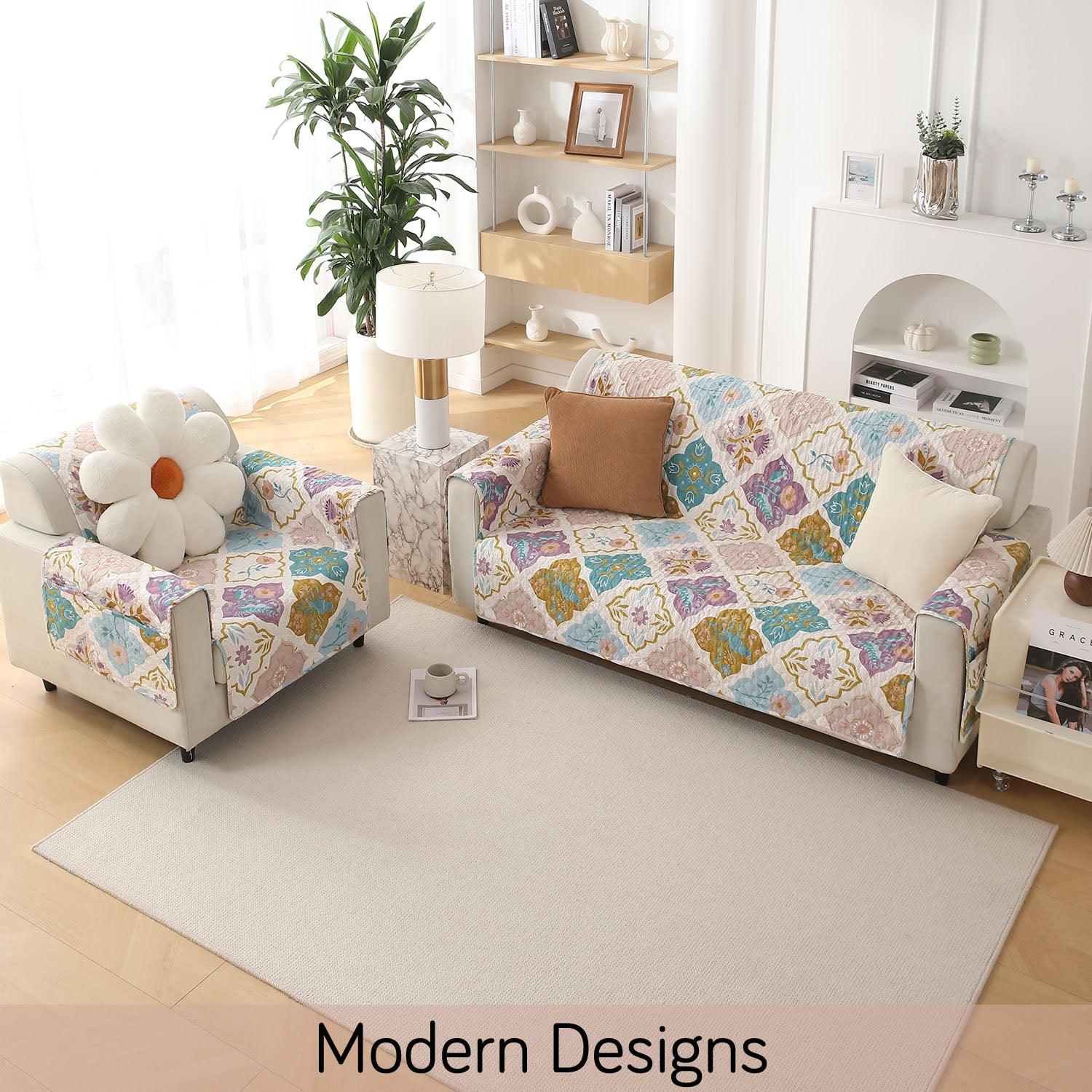 Quatrefoil Multicolor Printed quilted elegant 3 seater sofa cover