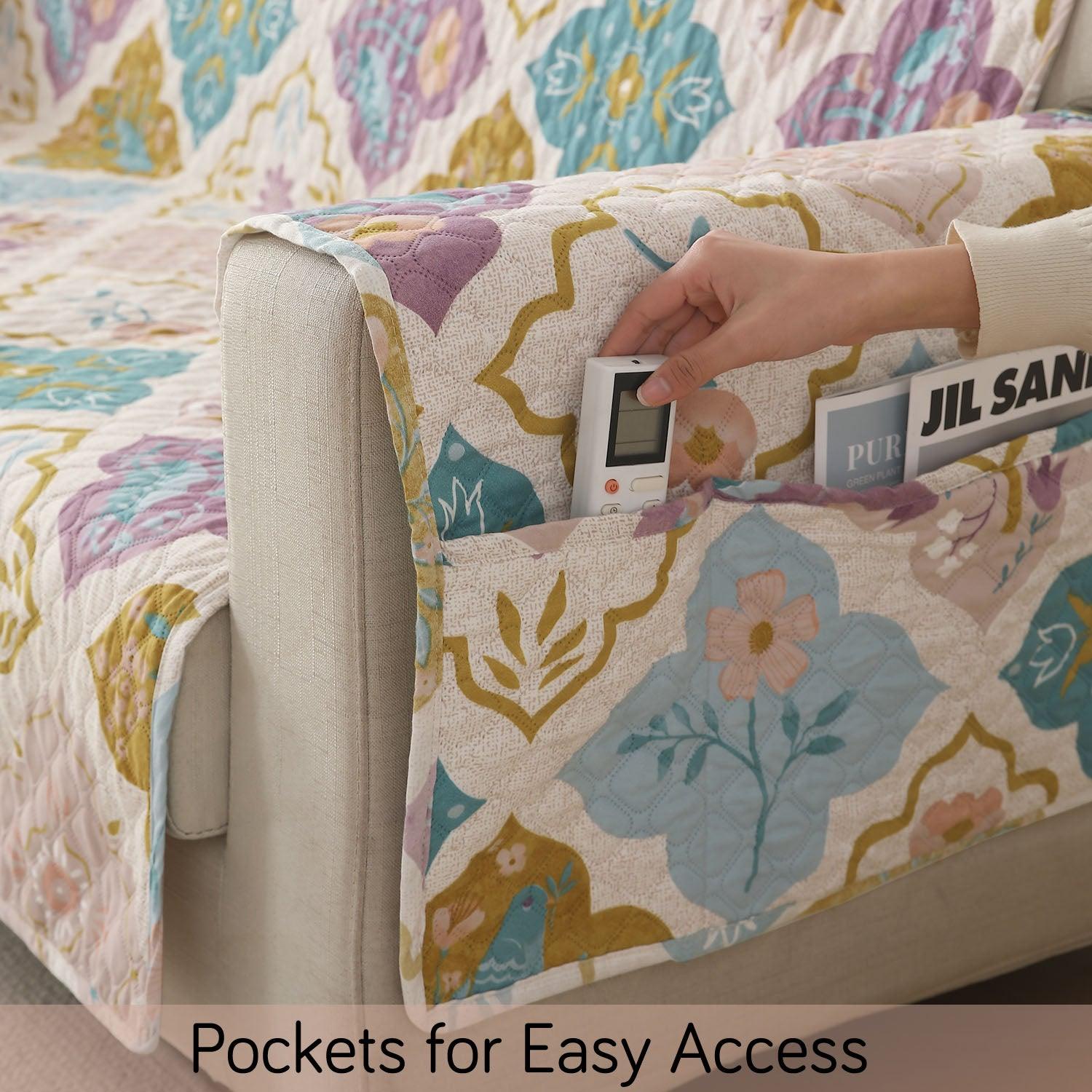 Quatrefoil Multicolor Printed quilted sofa cover set with handy side pocket