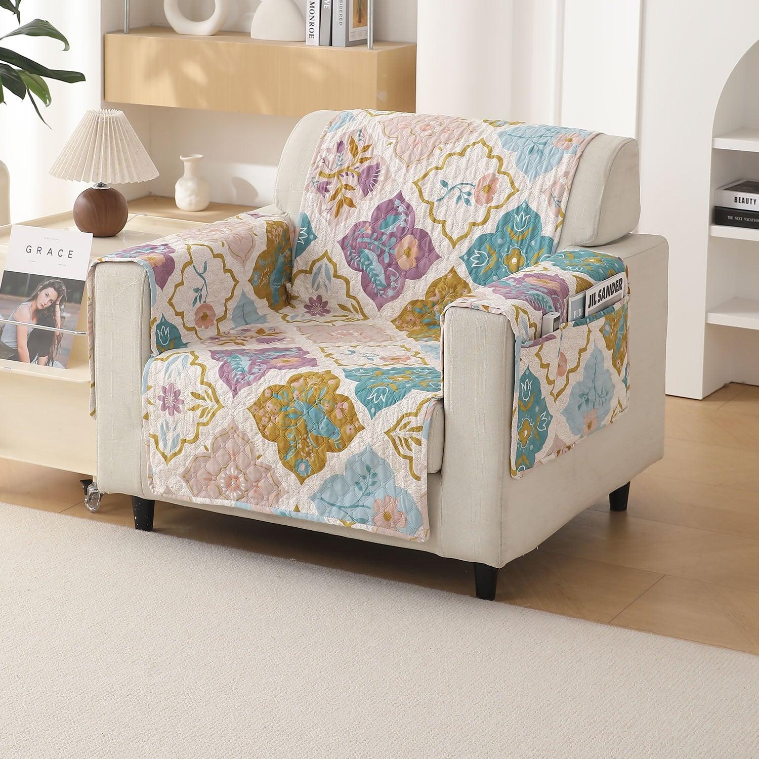 1 Seater Quatrefoil Multicolor Printed quilted sofa cover