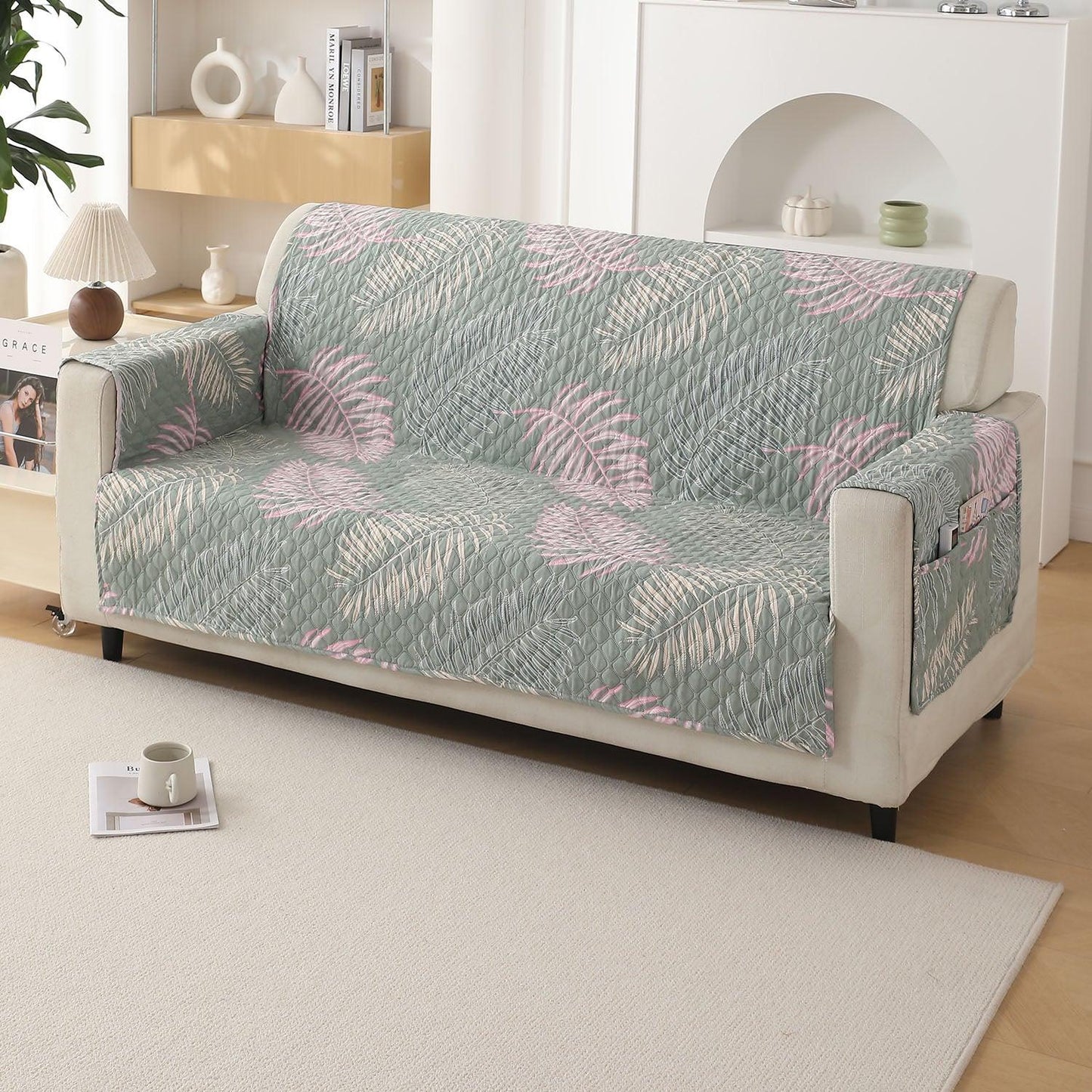 3 Seater Tropical Leaves Pastel Green Printed quilted sofa cover