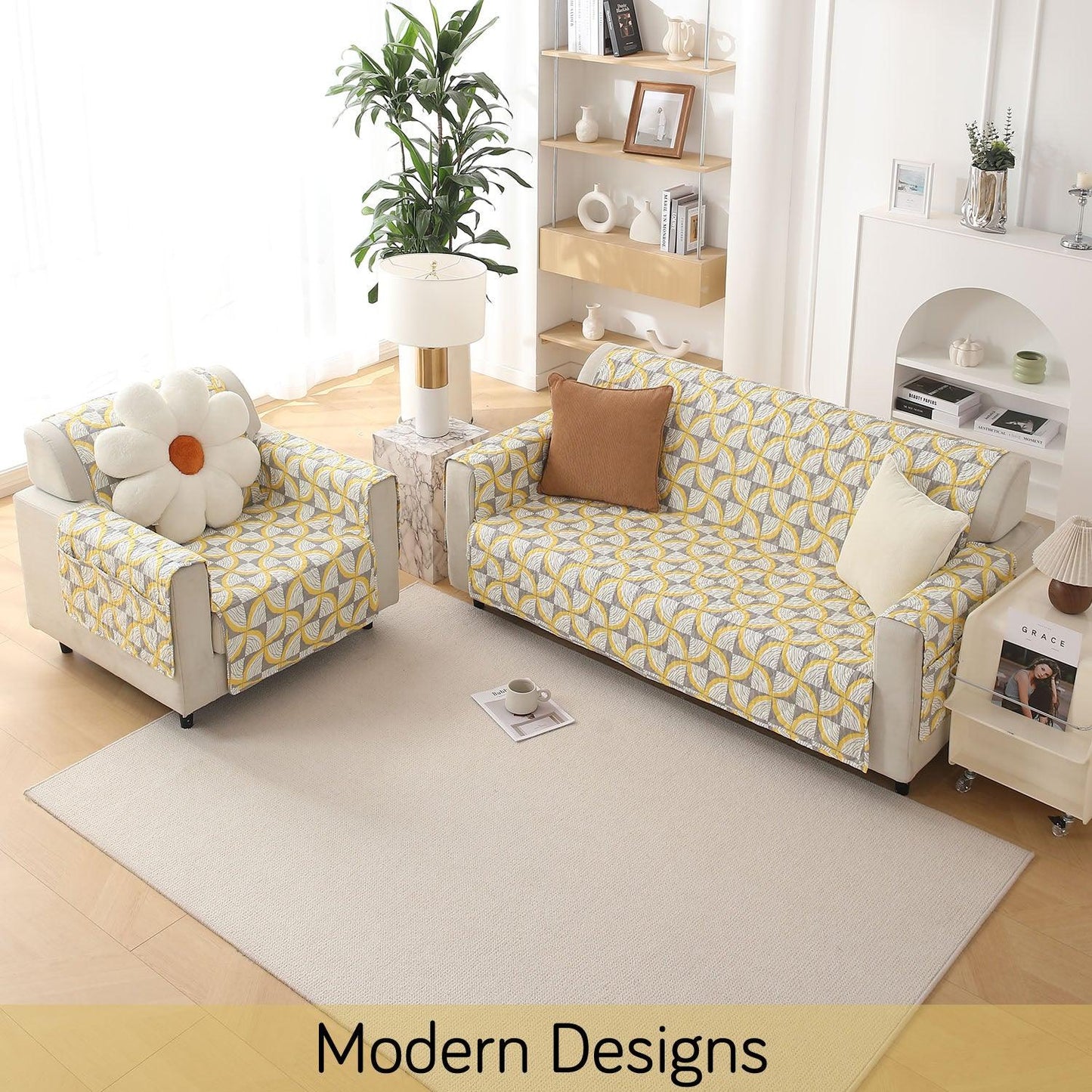 Modern Designs 4 Seater Windmill Cyber Yellow Printed quilted sofa cover set