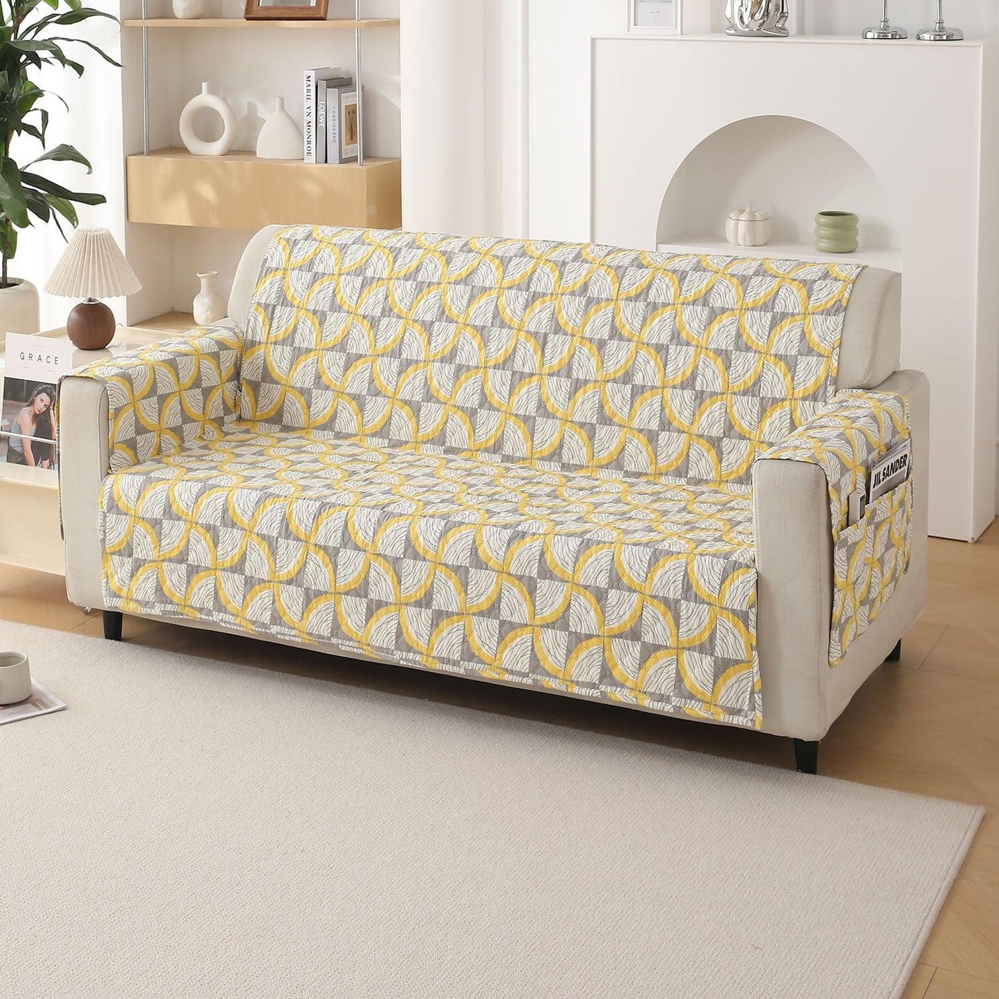 Windmill Cyber Yellow Printed elegant 3 seater quilted sofa cover