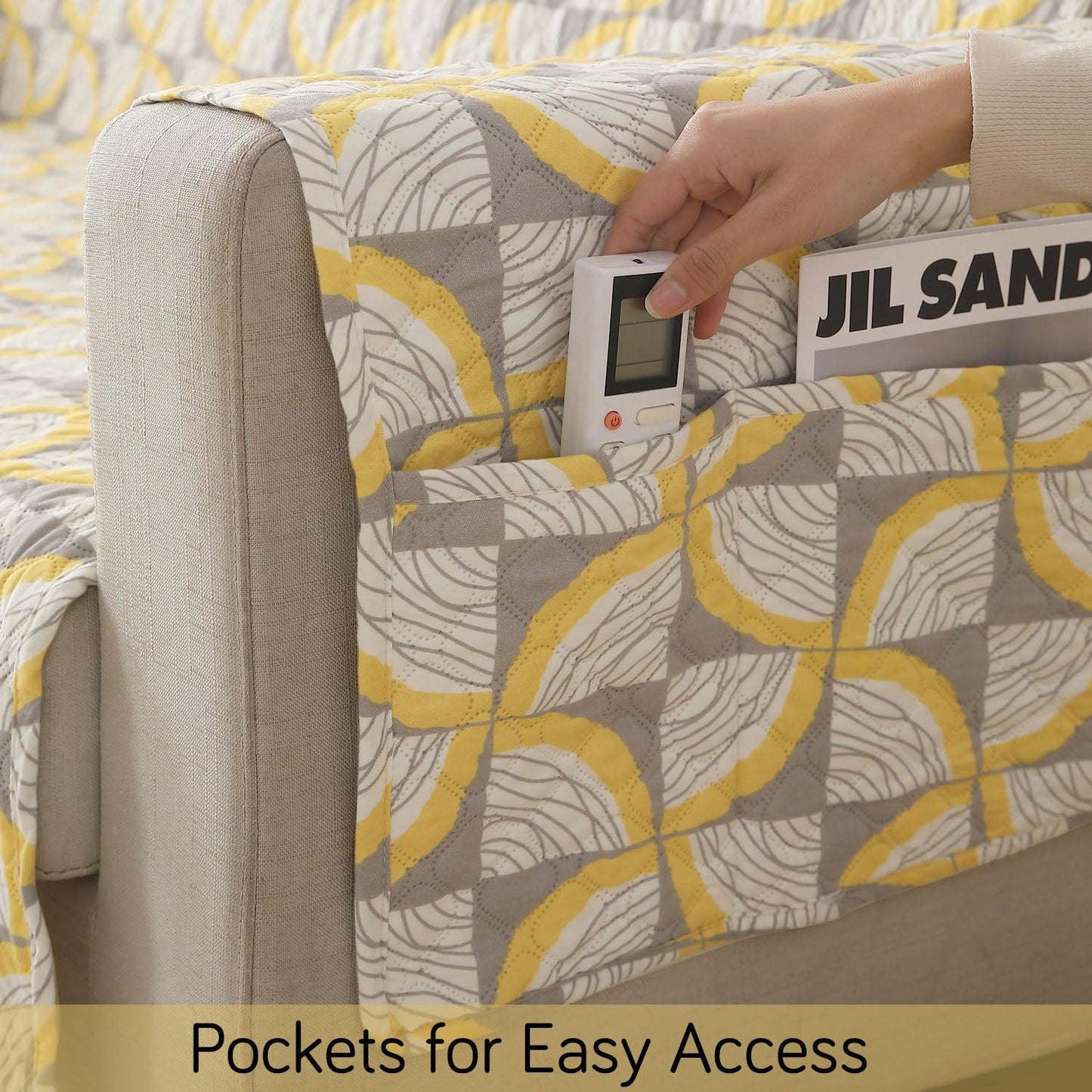 Windmill Cyber Yellow Printed quilted sofa cover set with handy side pocket