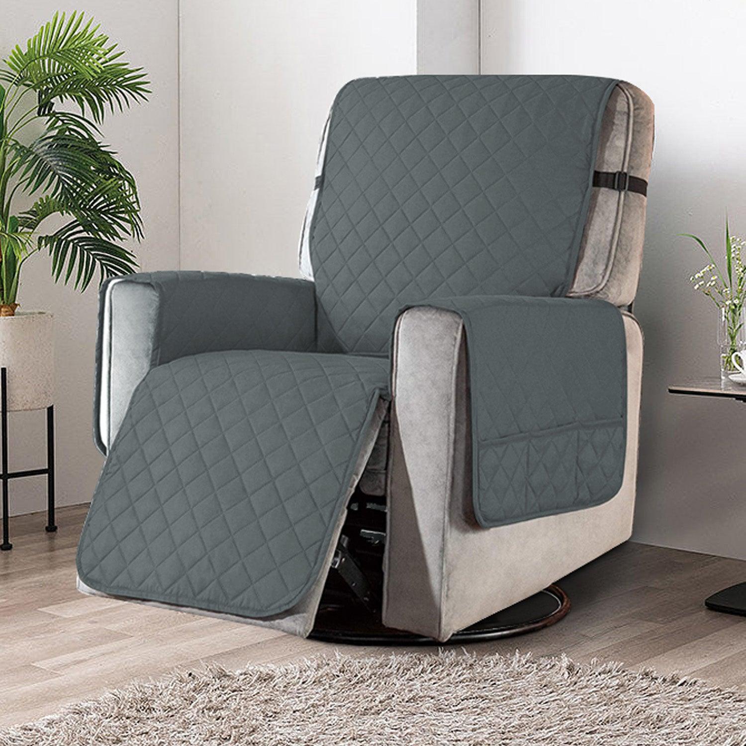 Quilted Recliner Chair Cover With Side Pockets for 1 Seater Sofa, Dark Grey - HOKIPO | Har Ghar ka Humsafar