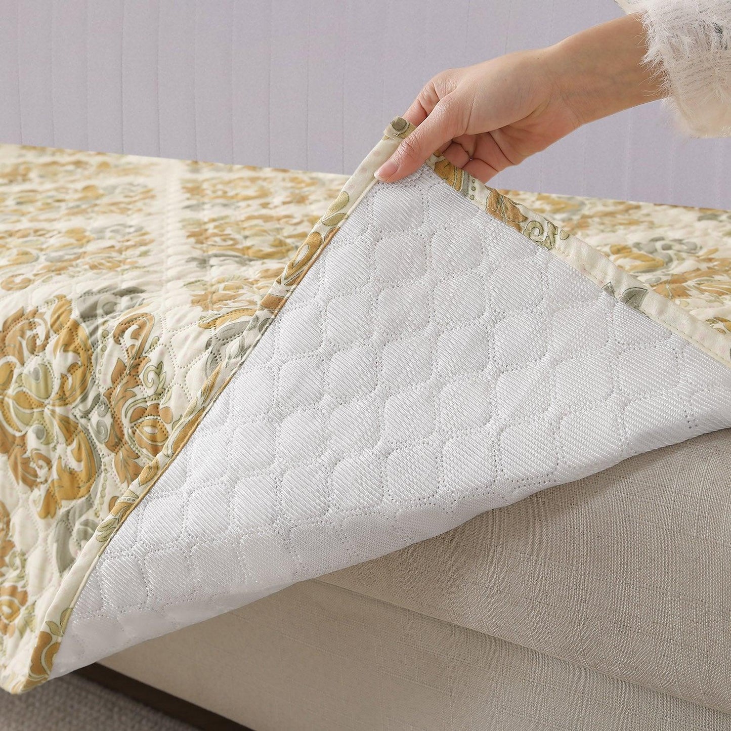 Quilted Sofa Seat Mat with Two Armrest Covers with Pockets for 1/2/3 Seater Sofa, Damask Beige - HOKIPO | Har Ghar ka Humsafar