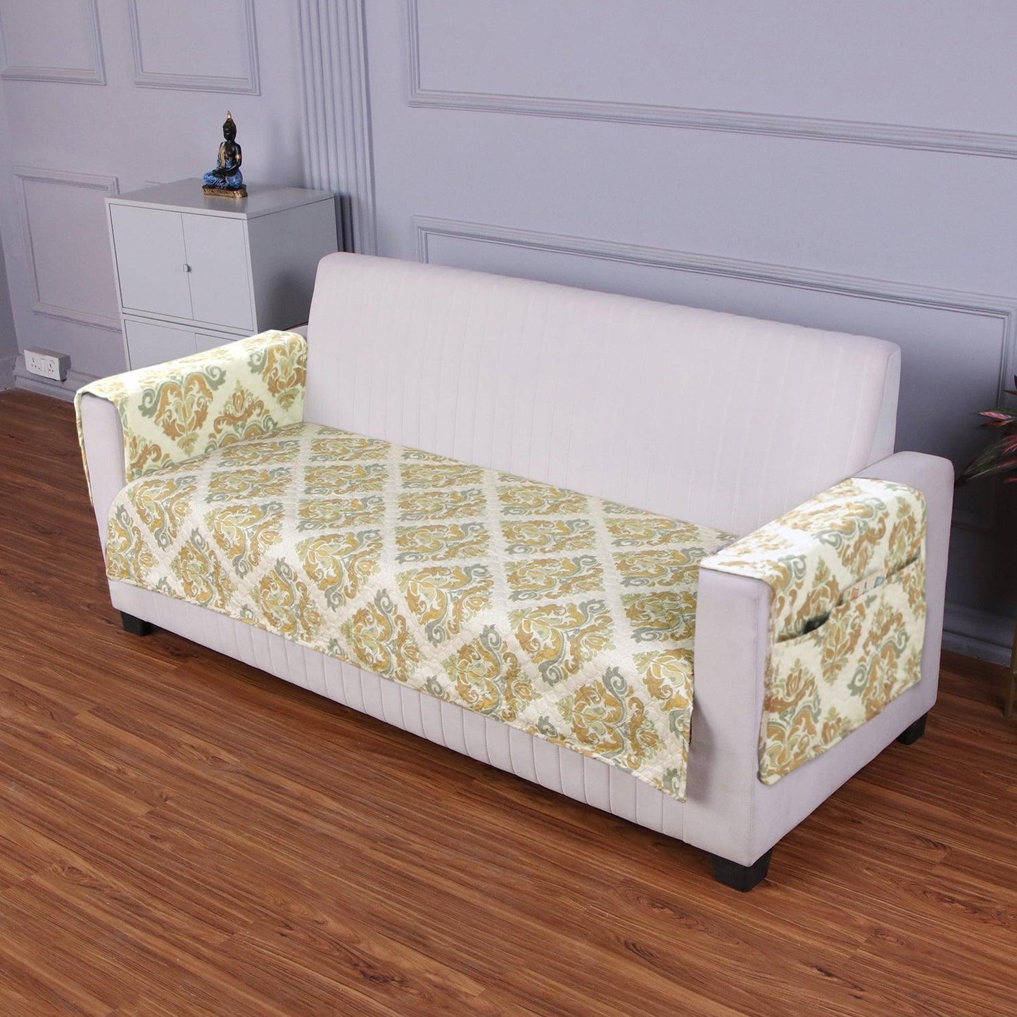 Quilted Sofa Seat Mat with Two Armrest Covers with Pockets for 1/2/3 Seater Sofa, Damask Beige - HOKIPO | Har Ghar ka Humsafar