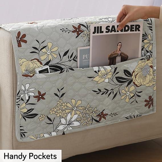 Quilted Sofa Seat Mat with Two Armrest Covers with Pockets for 1/2/3 Seater Sofa, Floral Ash Grey - HOKIPO | Har Ghar ka Humsafar
