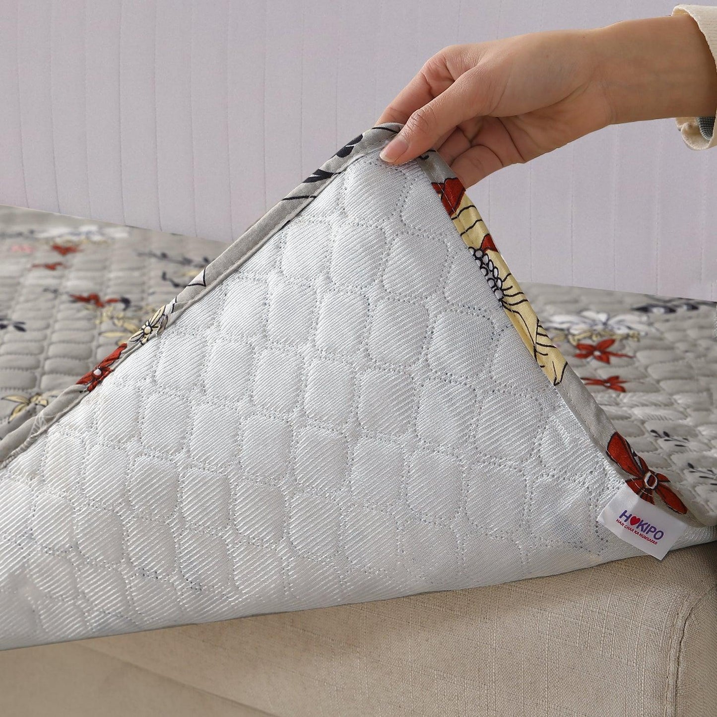 Quilted Sofa Seat Mat with Two Armrest Covers with Pockets for 1/2/3 Seater Sofa, Floral Ash Grey - HOKIPO | Har Ghar ka Humsafar