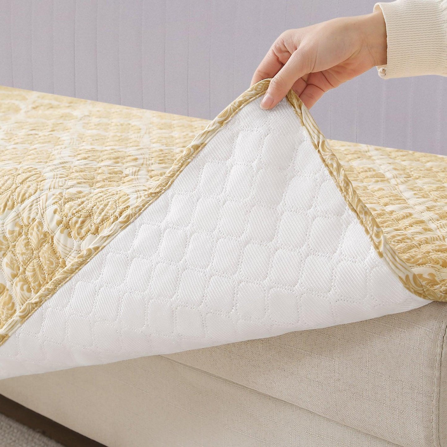 Quilted Sofa Seat Mat with Two Armrest Covers with Pockets for 1/2/3 Seater Sofa, Ogee Ivory - HOKIPO | Har Ghar ka Humsafar