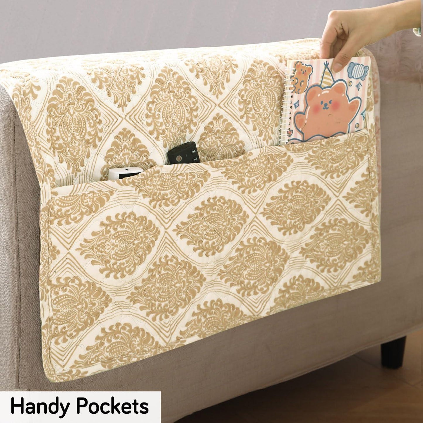 Quilted Sofa Seat Mat with Two Armrest Covers with Pockets for 1/2/3 Seater Sofa, Ogee Ivory - HOKIPO | Har Ghar ka Humsafar