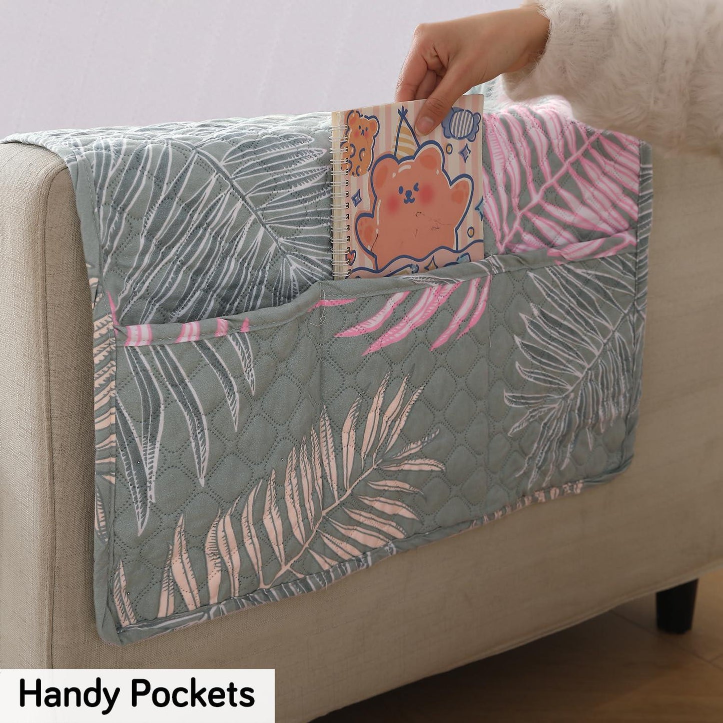Quilted Sofa Seat Mat with Two Armrest Covers with Pockets for 1/2/3 Seater Sofa, Tropical Leaves Pastel Green - HOKIPO | Har Ghar ka Humsafar