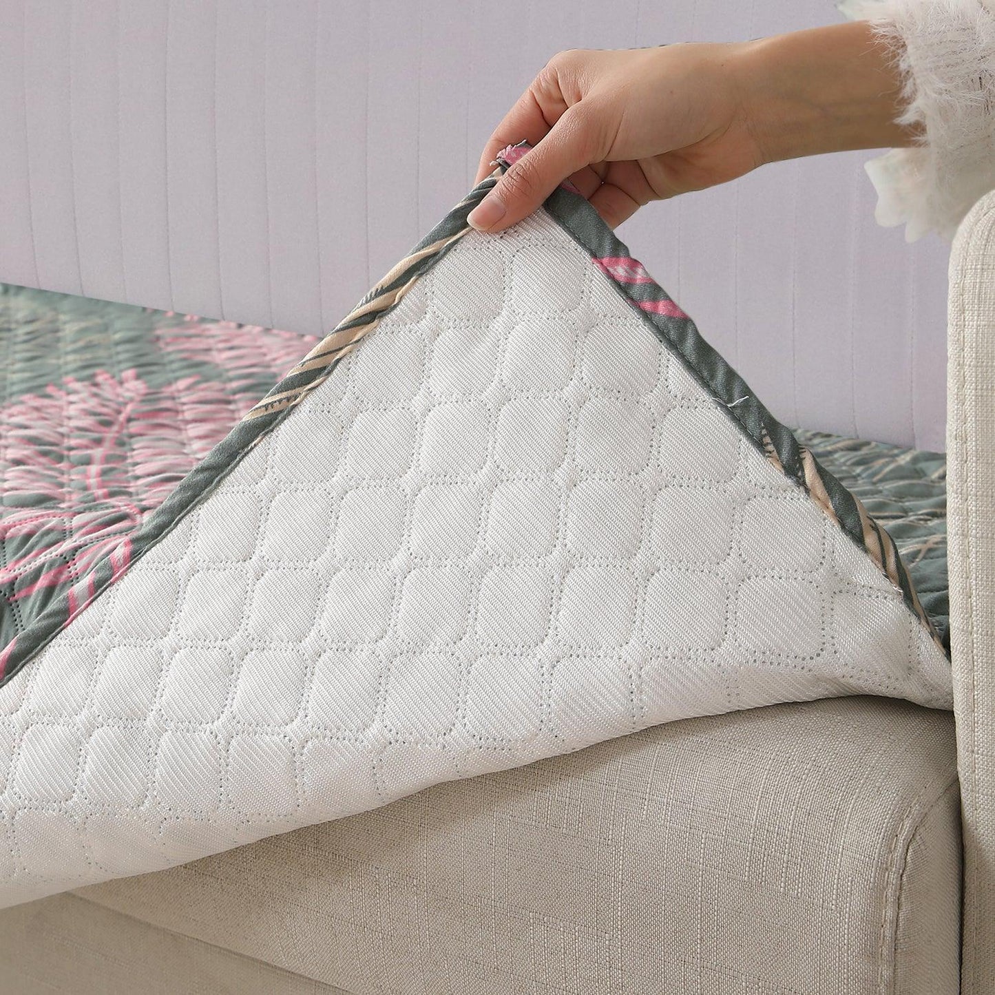 Quilted Sofa Seat Mat with Two Armrest Covers with Pockets for 1/2/3 Seater Sofa, Tropical Leaves Pastel Green - HOKIPO | Har Ghar ka Humsafar