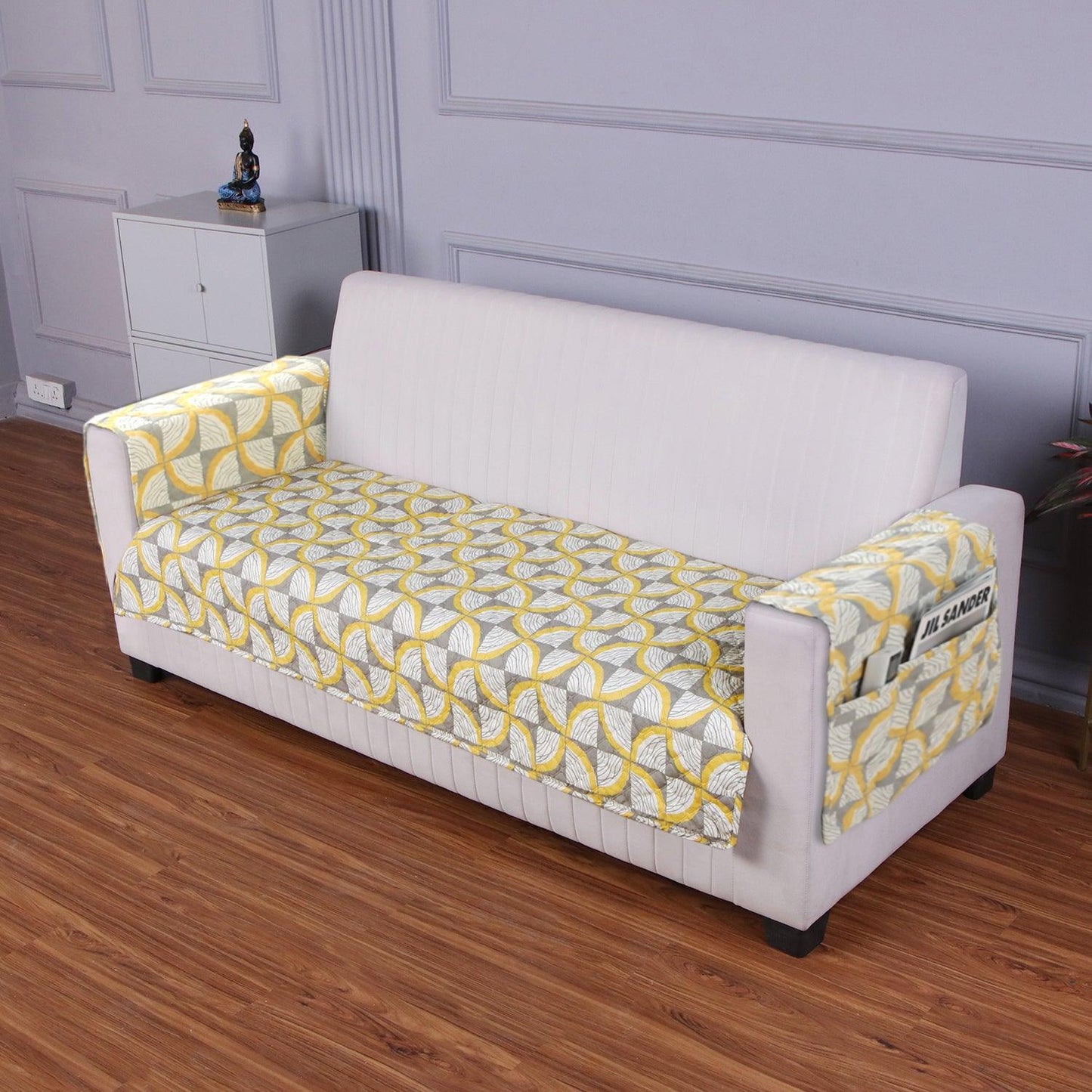 Quilted Sofa Seat Mat with Two Armrest Covers with Pockets for 1/2/3 Seater Sofa, Windmill Cyber Yellow - HOKIPO | Har Ghar ka Humsafar