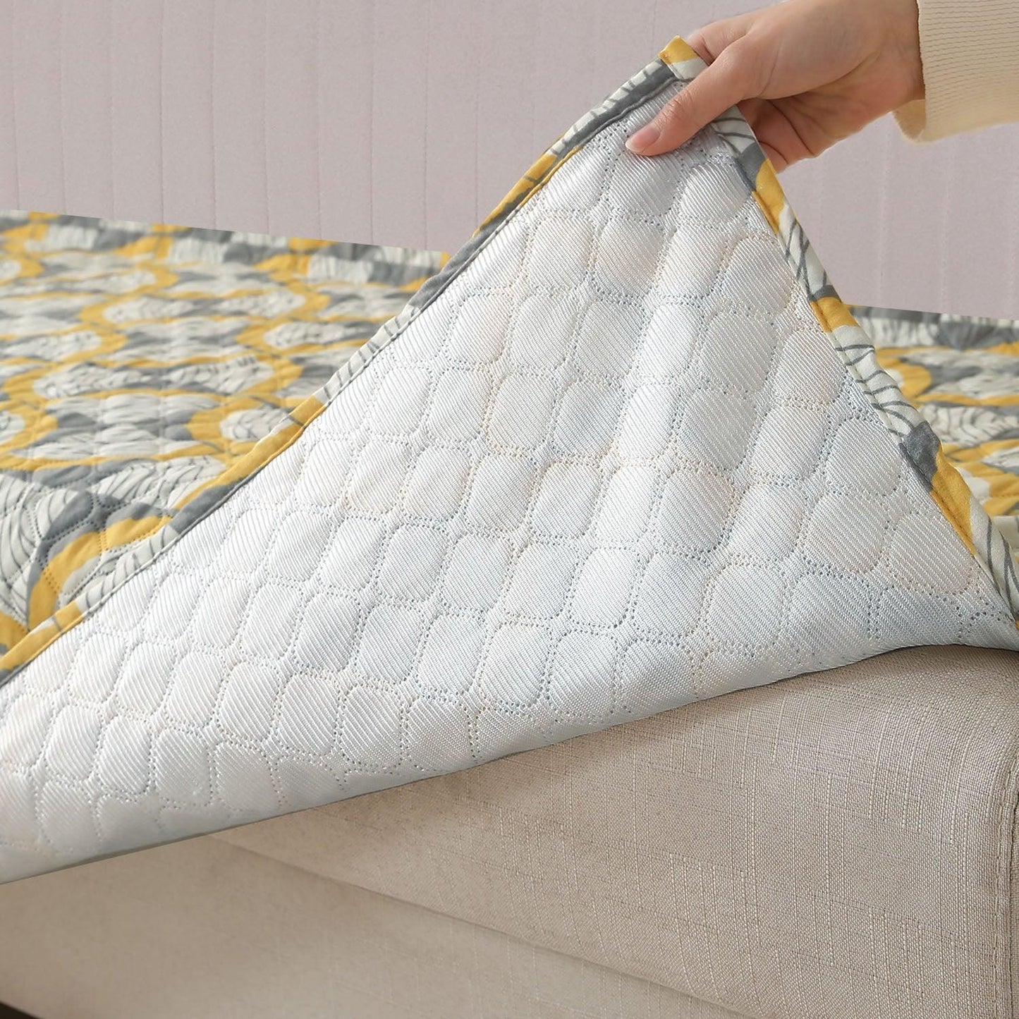 Quilted Sofa Seat Mat with Two Armrest Covers with Pockets for 1/2/3 Seater Sofa, Windmill Cyber Yellow - HOKIPO | Har Ghar ka Humsafar