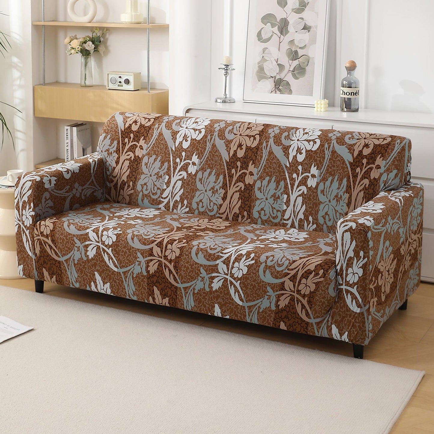 Rich Chocolate Damask Floral Printed non slip elastic 3 seater sofa cover