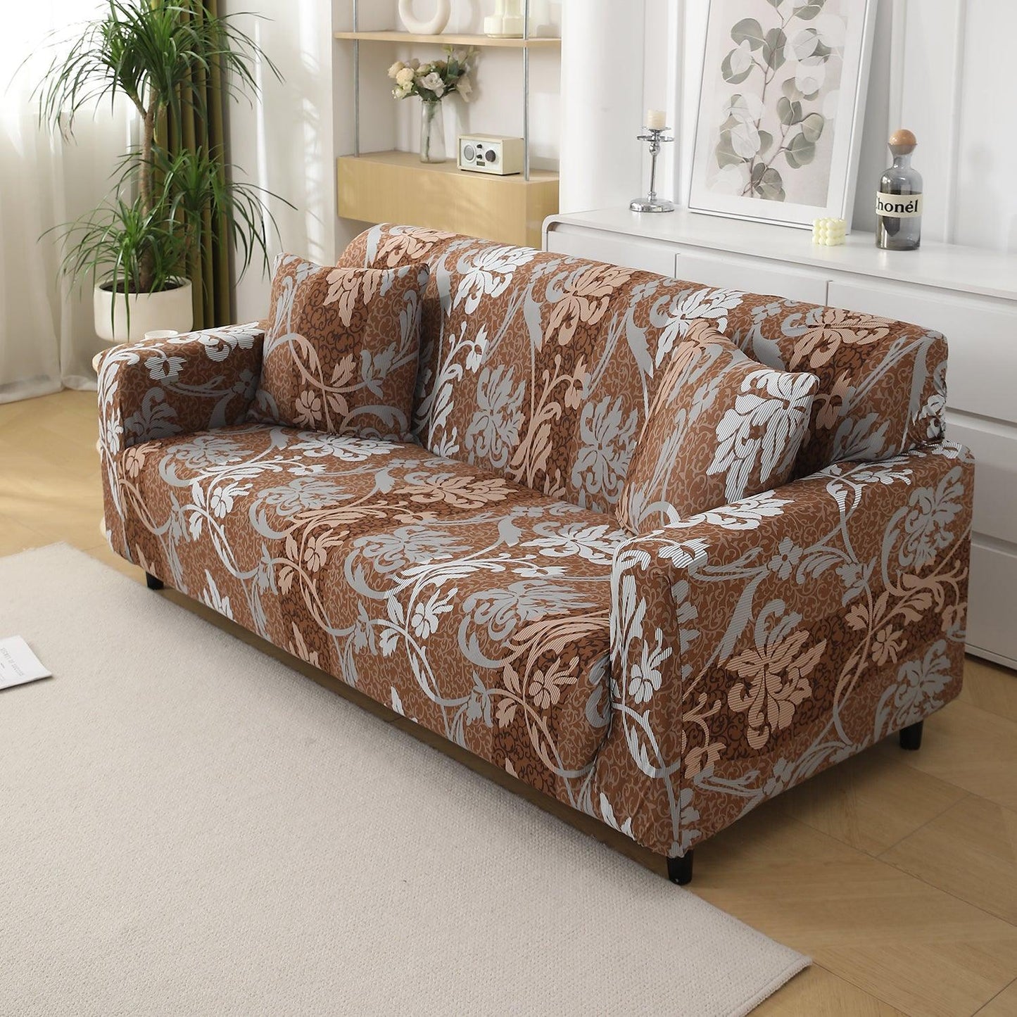 Rich Chocolate Damask Floral Printed non slip elastic 2 seater sofa cover