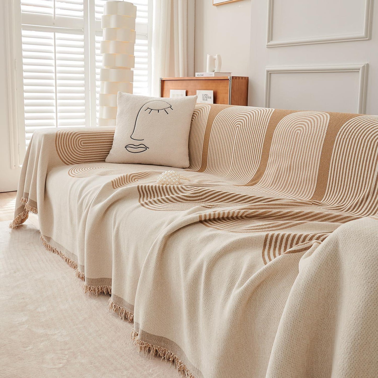 Sand Brown Abstract Line Print Chenille Sofa Throw | Durable & Stylish - HOKIPO | Har Ghar ka Humsafar