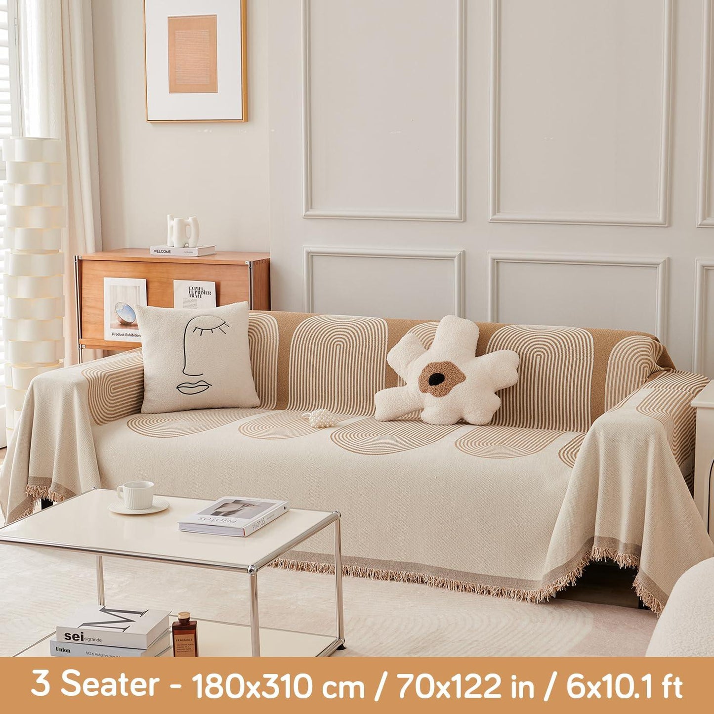 Sand Brown Abstract Line Print Chenille Sofa Throw | Durable & Stylish - HOKIPO | Har Ghar ka Humsafar