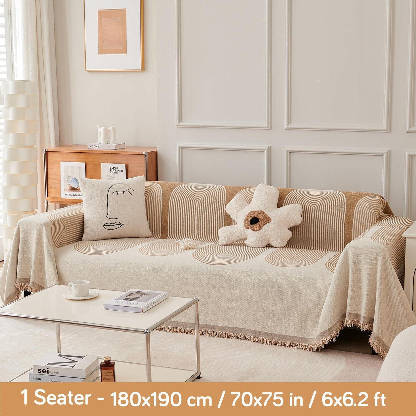 Sand Brown Abstract Line Print Chenille Sofa Throw | Durable & Stylish - HOKIPO | Har Ghar ka Humsafar