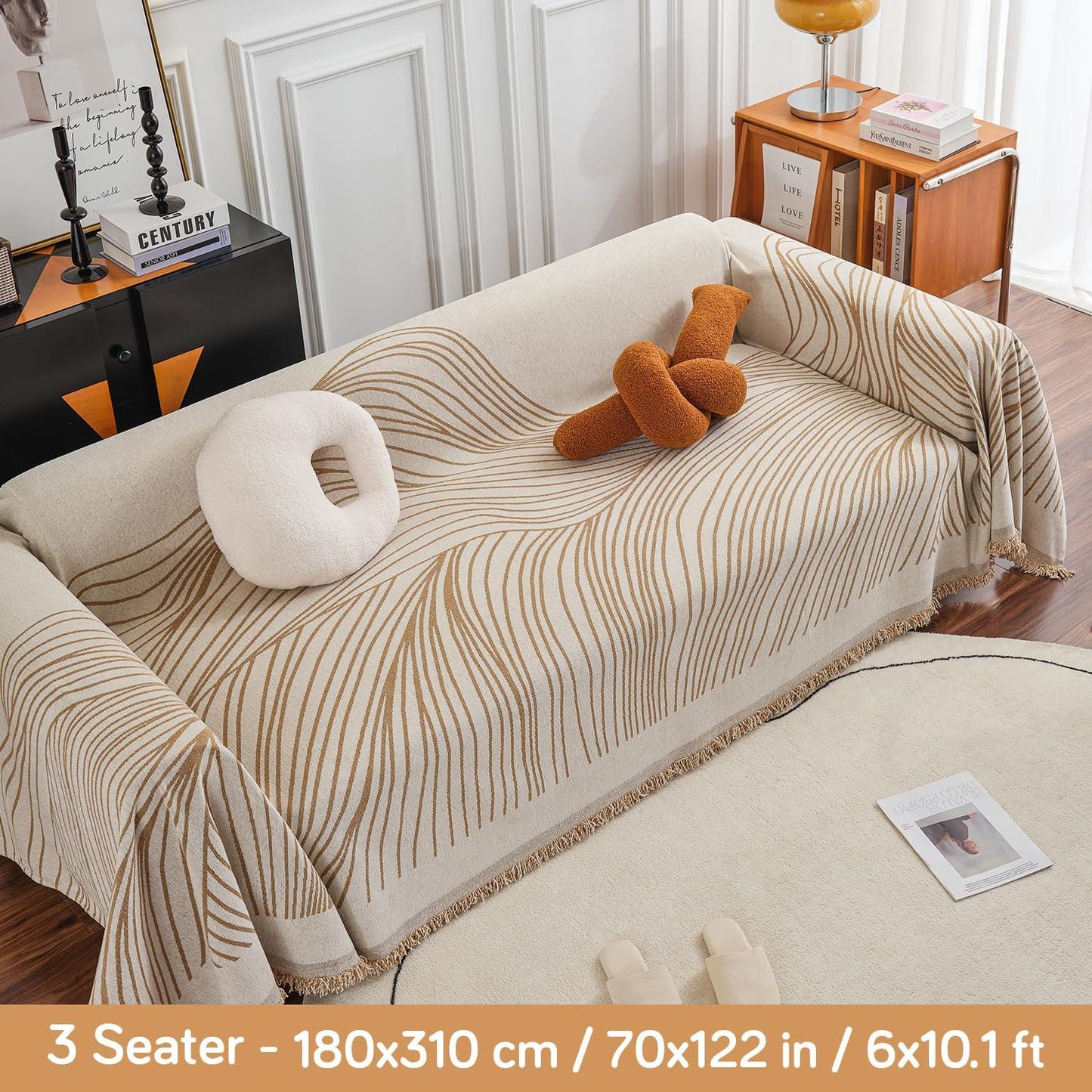 Sand Brown Wavy Lines Printed Chenille Sofa Throw | Stylish & Durable - HOKIPO | Har Ghar ka Humsafar