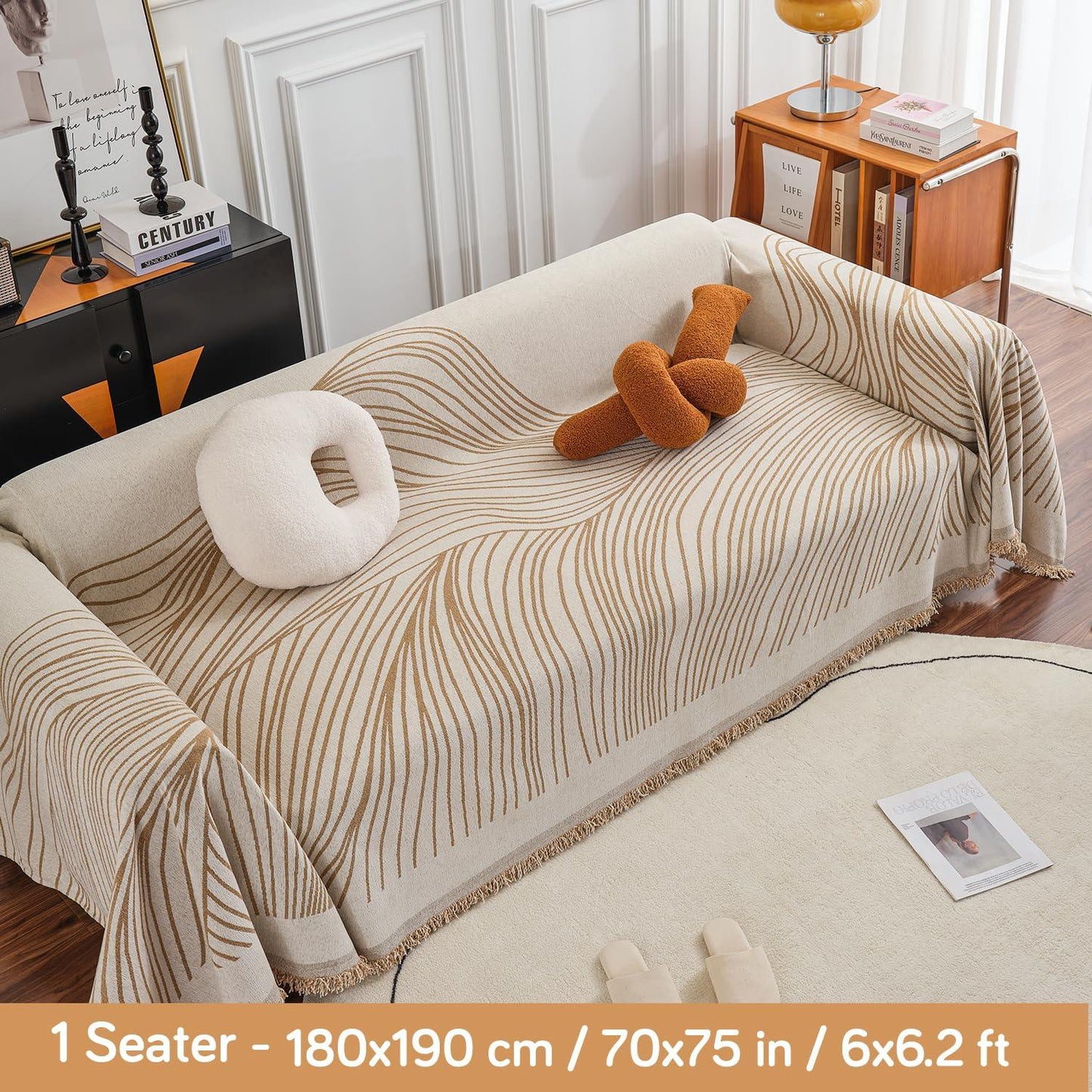 Sand Brown Wavy Lines Printed Chenille Sofa Throw | Stylish & Durable - HOKIPO | Har Ghar ka Humsafar