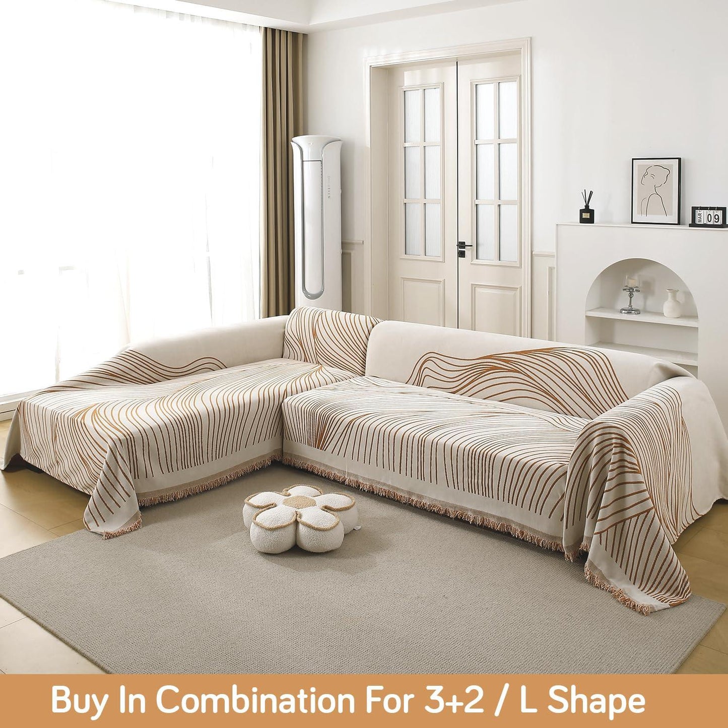 Sand Brown Wavy Lines Printed Chenille Sofa Throw | Stylish & Durable - HOKIPO | Har Ghar ka Humsafar