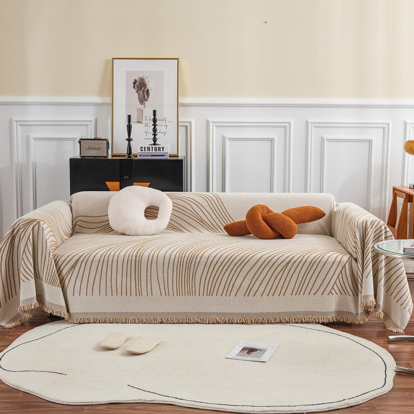 Sand Brown Wavy Lines Printed Chenille Sofa Throw | Stylish & Durable - HOKIPO | Har Ghar ka Humsafar