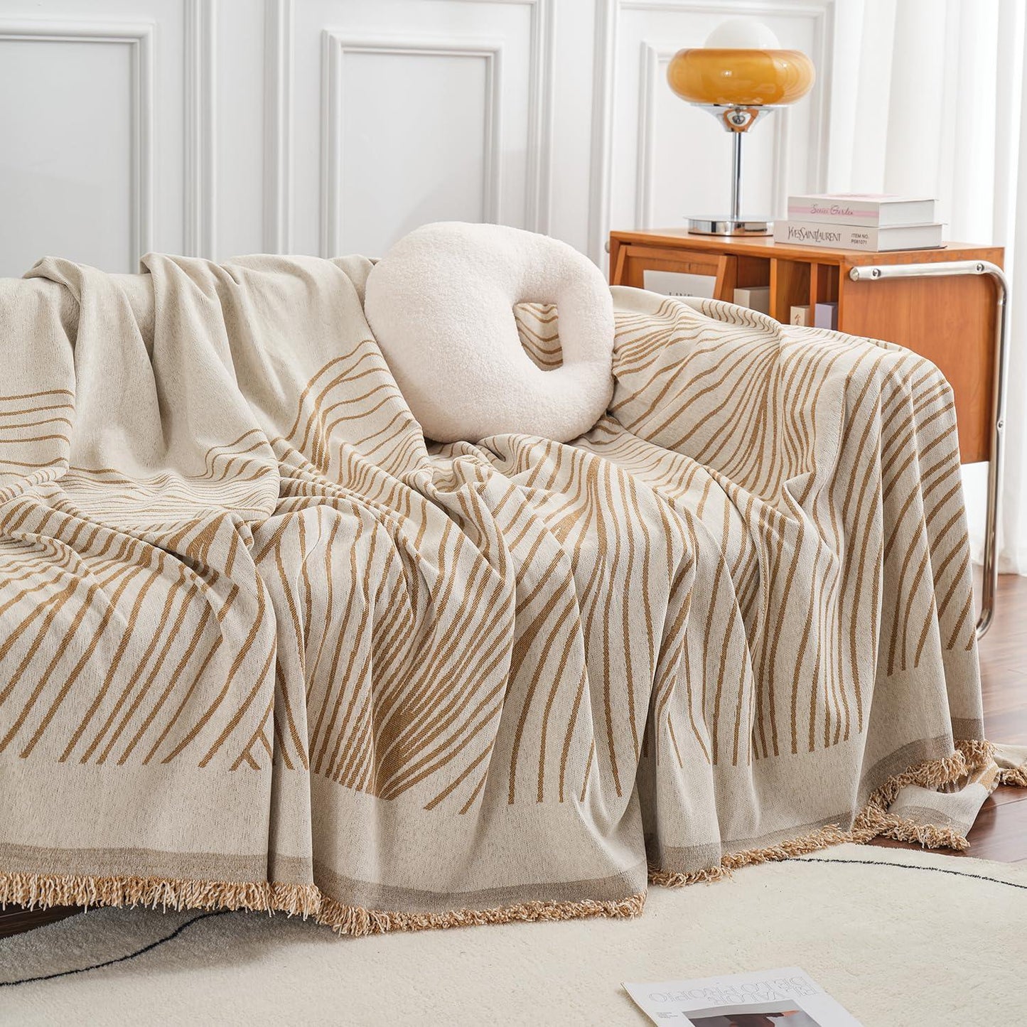 Sand Brown Wavy Lines Printed Chenille Sofa Throw | Stylish & Durable - HOKIPO | Har Ghar ka Humsafar