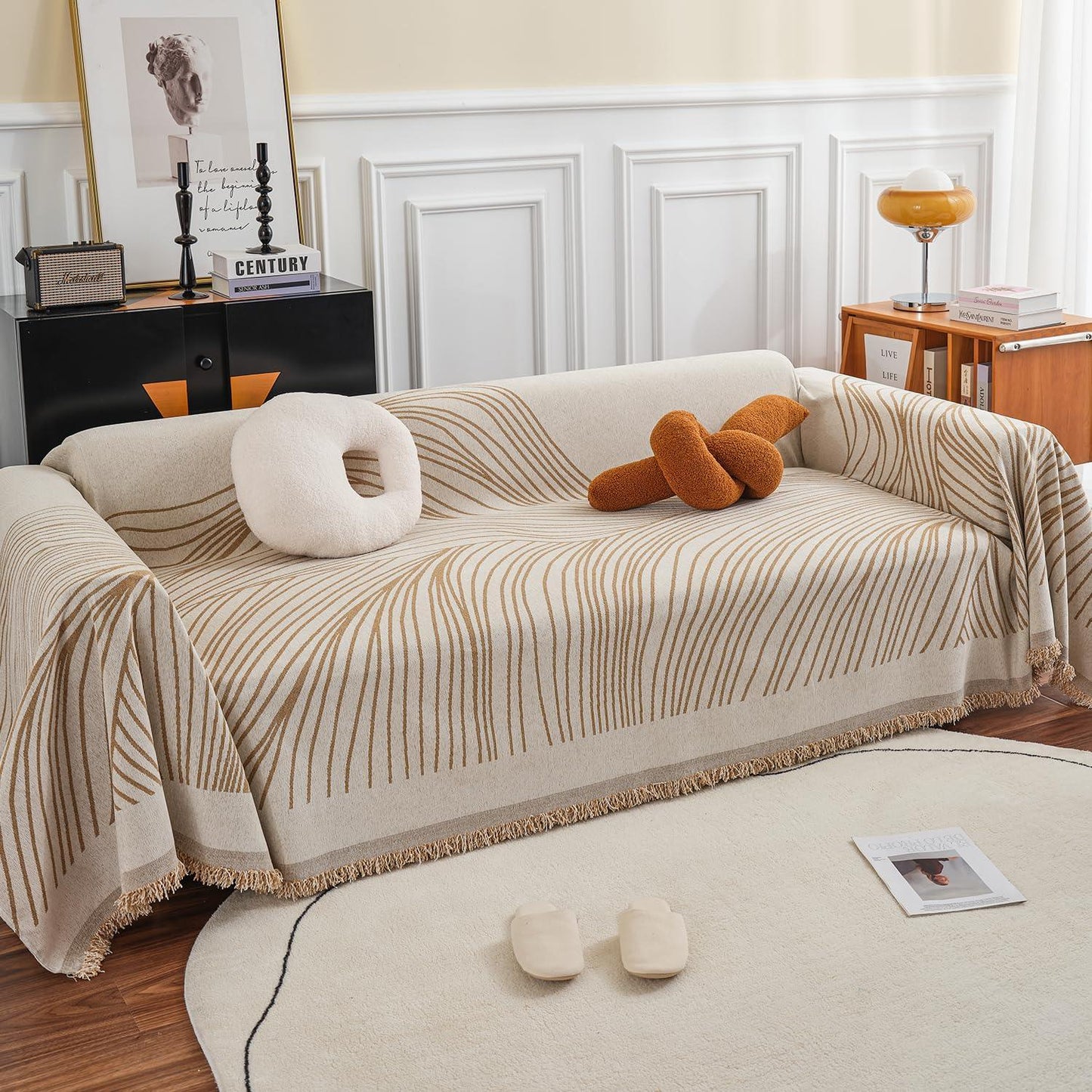 Sand Brown Wavy Lines Printed Chenille Sofa Throw | Stylish & Durable - HOKIPO | Har Ghar ka Humsafar