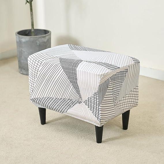 Stretchable 140 GSM Footstool Cover, Snow White Black Geometry - HOKIPO | Har Ghar ka Humsafar