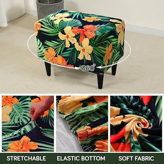 Stretchable 140 GSM Footstool Cover, Spring Green Hibiscus - HOKIPO | Har Ghar ka Humsafar