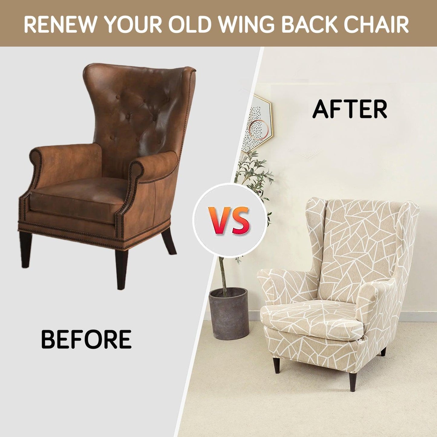 Beige Abstract Geometry stylish Elastic Wing Chair Cover