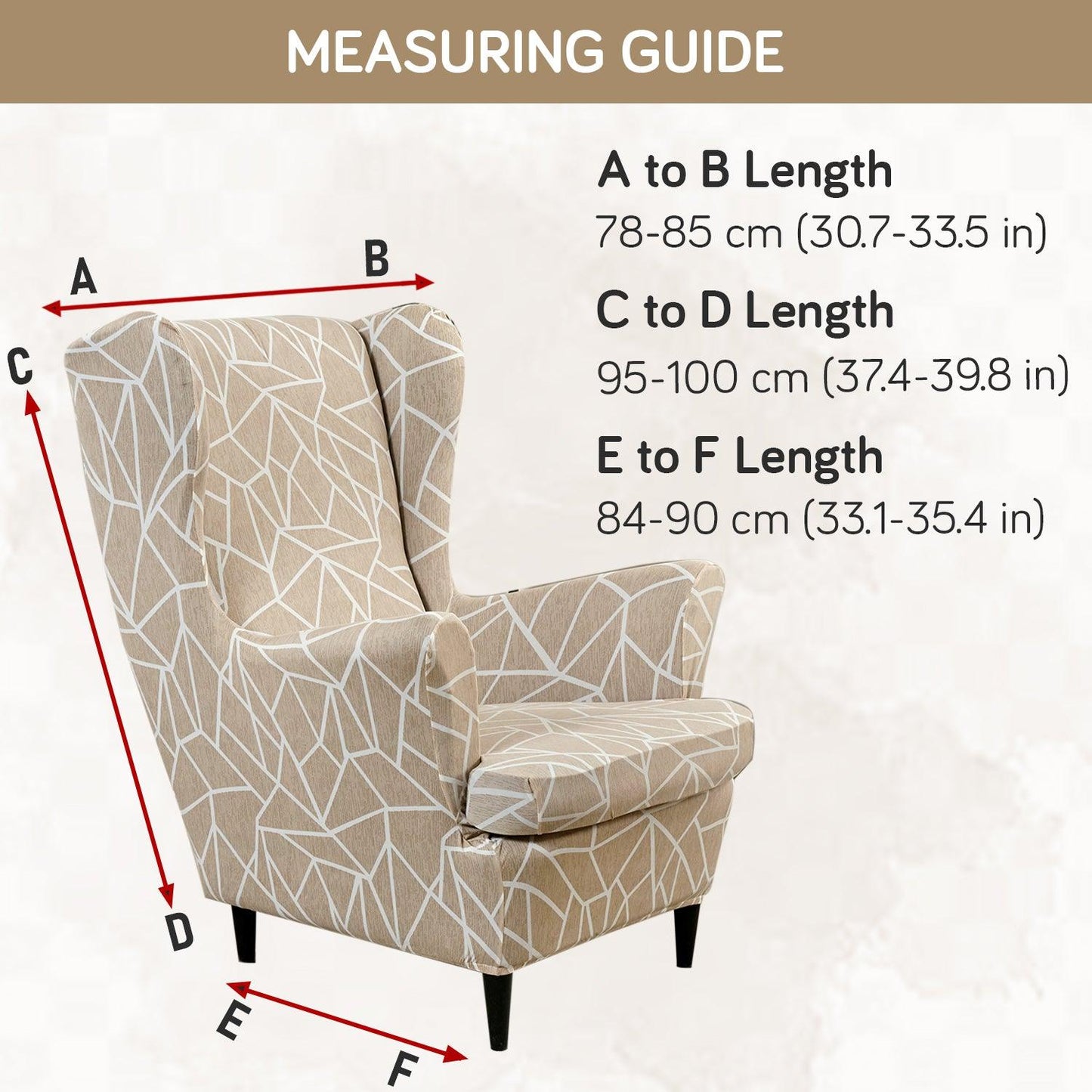 Beige Abstract Geometry Stretchable Chair Cover for Wingback Chair size guide