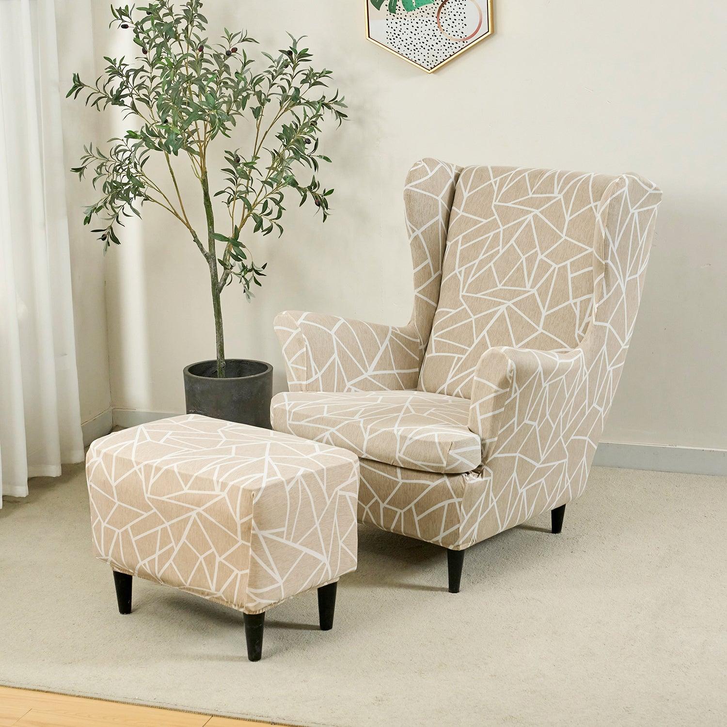 Buy Beige Abstract Geometry Stretchable Wingback Chair & Footstool Cover