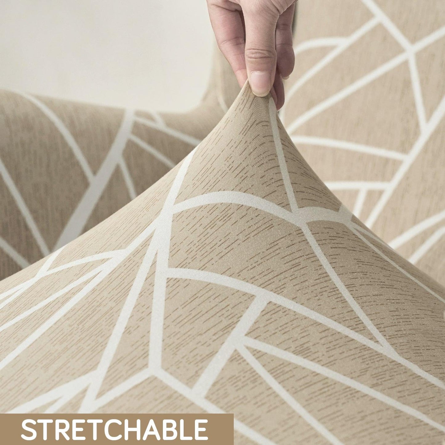 Beige Abstract Geometry Stretchable Chair Cover for Wingback Chair
