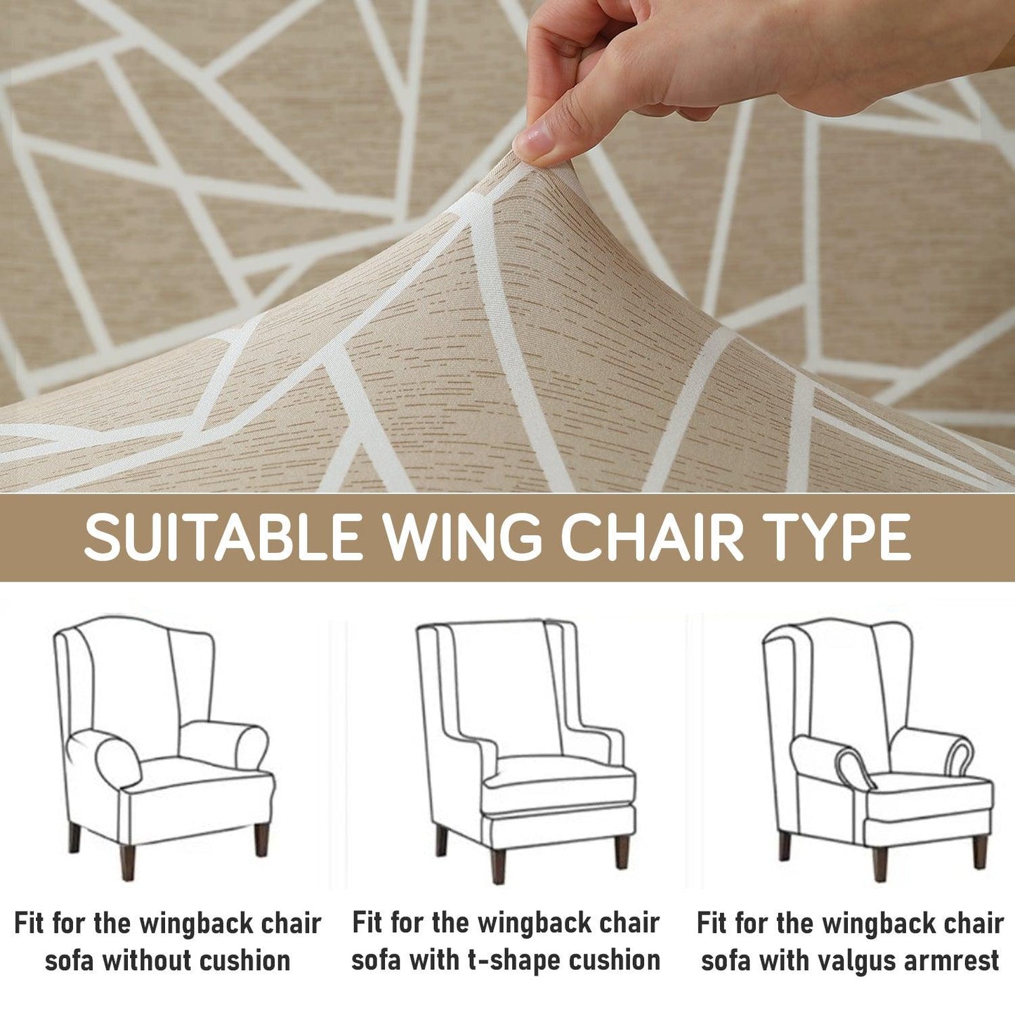 Beige Abstract Geometry Elastic Chair Cover for Wingback Chair
