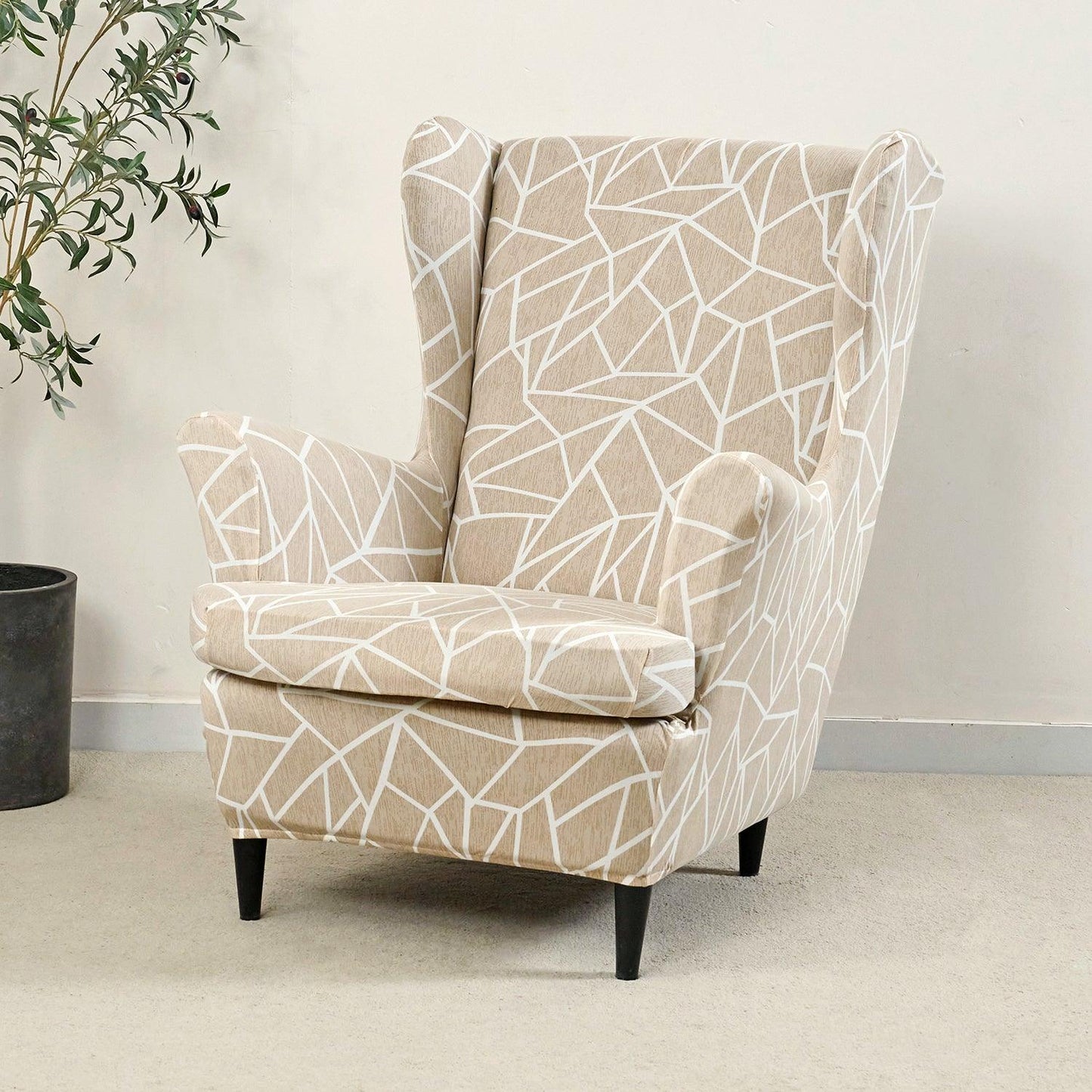 Stretchable 140 GSM Wing Chair Cover, Beige Abstract Geometry - HOKIPO | Har Ghar ka Humsafar